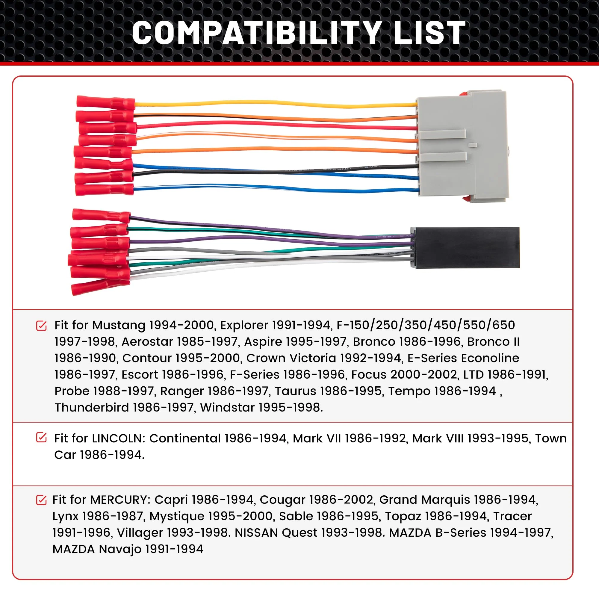 RED WOLF Stereo Harness w/Wire Connector Butt Amplifier Integration Fit for 1986-2000 Ford Mustang Explorer F150/250, Lincoln Town, Mercury Radio Connector Adapter Premium Mach Sound System - Image 3