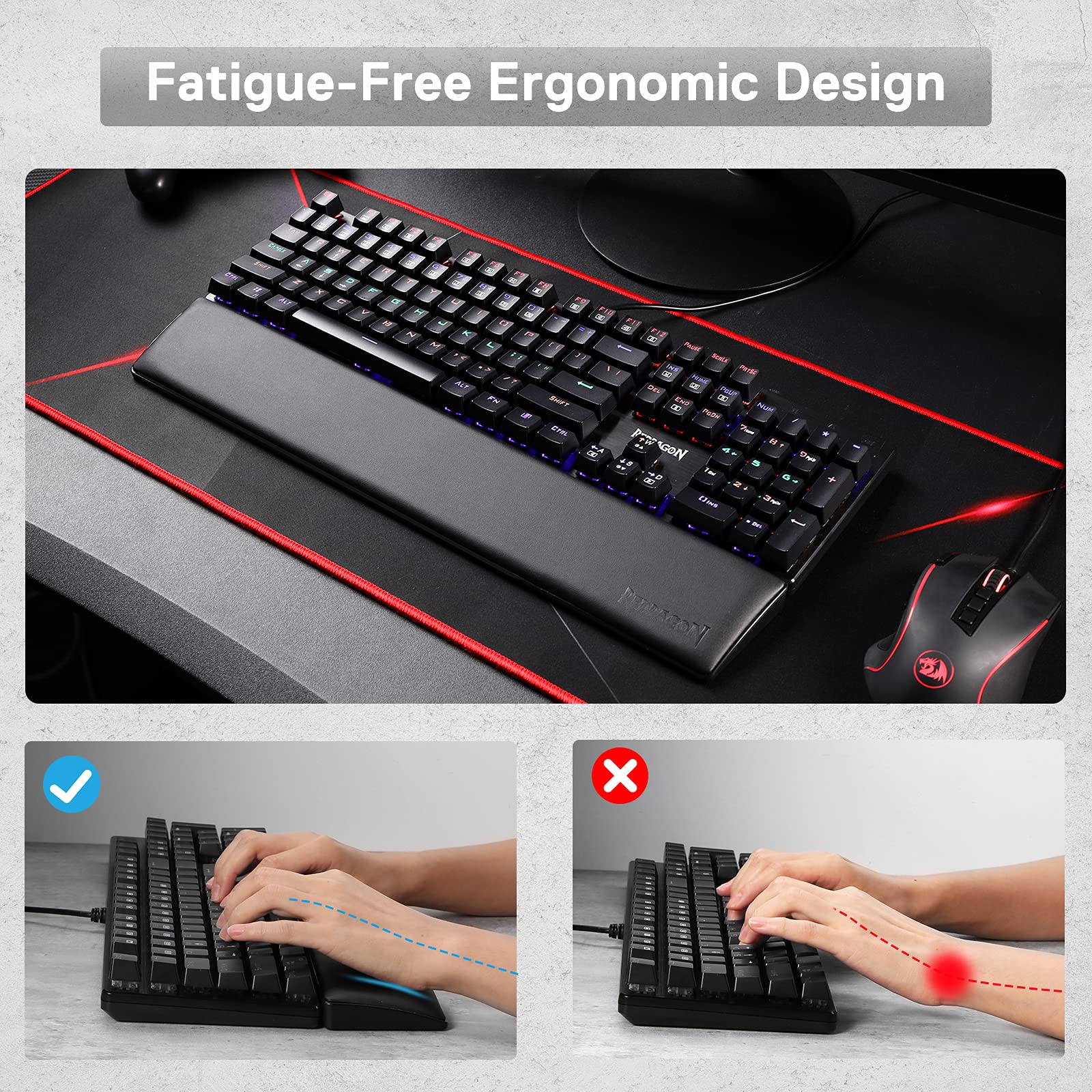 Redragon P037 Meteor L Computer Keyboard Wrist Rest Pad, Ergonomic Soft Memory Foam Wrist Support w/Anti-Slip Rubber Base, 100% 104 Keys Standard Size 17.12 x 2.87 in, 0.78 inch (20mm) Height, Black 100% Standard - Image 5