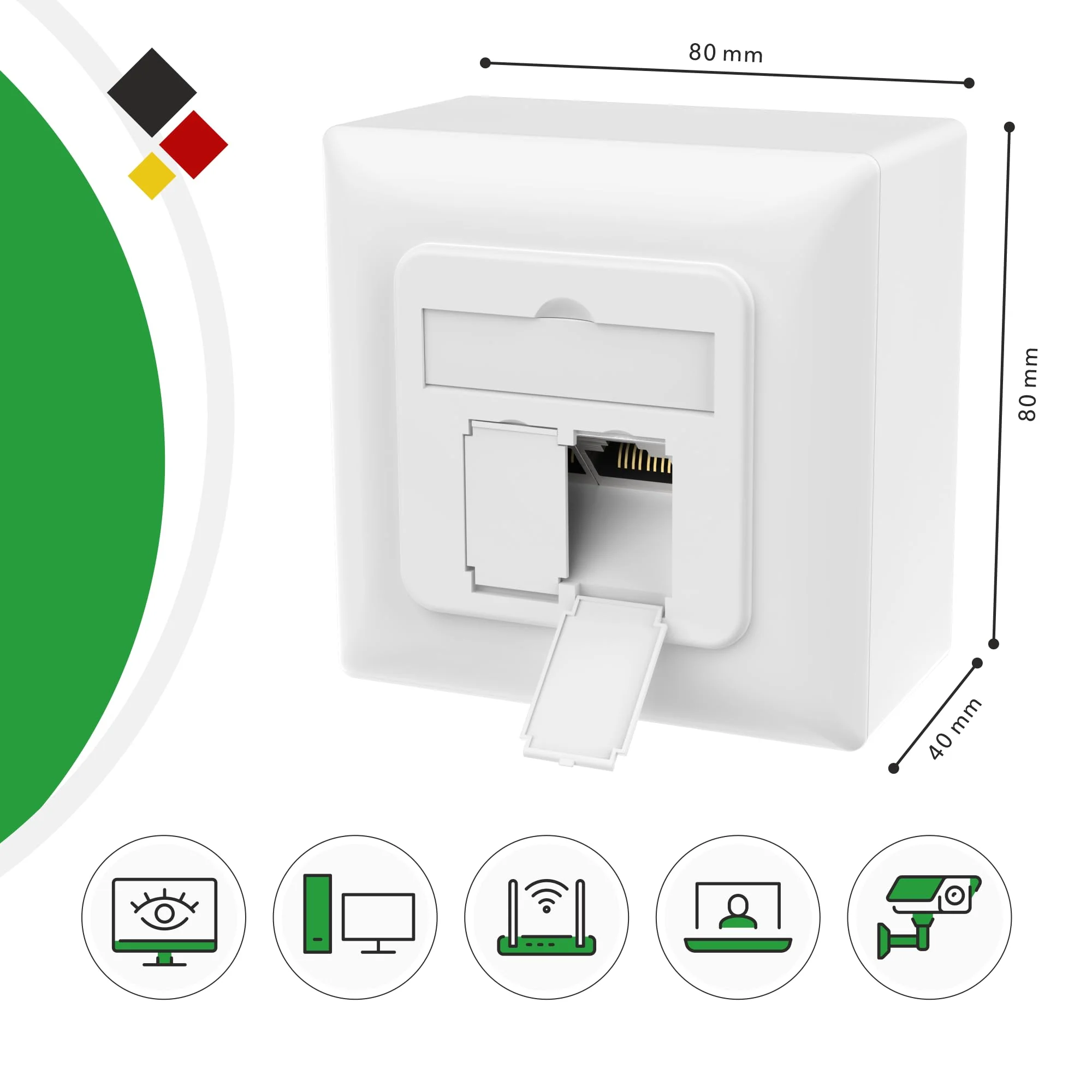 RedStar24 Cat6A Universal Network Socket with 2x RJ45 Ports - 10 Gbit/s Shielded LAN Socket for Surface-Mounted and Flush-Mounted, Compatible with CAT7/CAT6/CAT5, POE Enabled, Signal White, Complies 1 Stück - Image 5