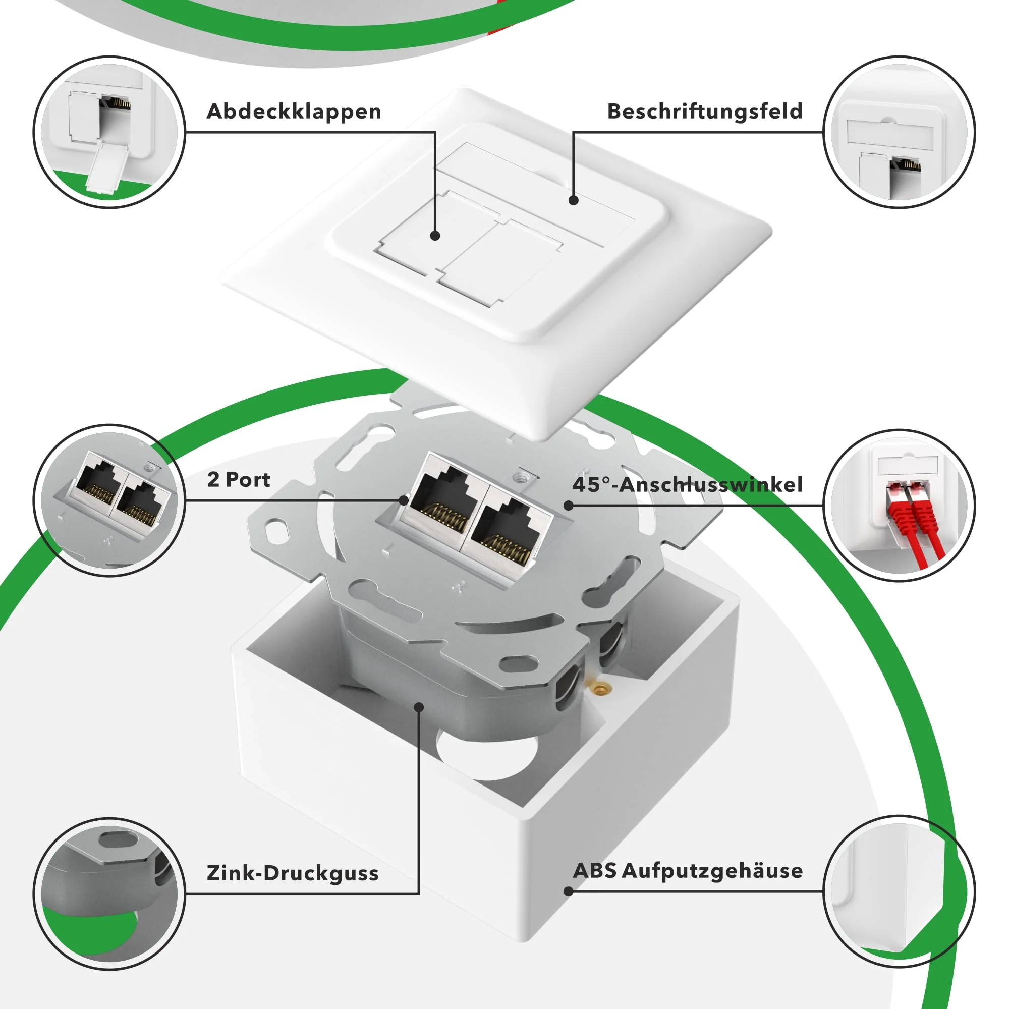 RedStar24 Cat6A Universal Network Socket with 2x RJ45 Ports - 10 Gbit/s Shielded LAN Socket for Surface-Mounted and Flush-Mounted, Compatible with CAT7/CAT6/CAT5, POE Enabled, Signal White, Complies 1 Stück - Image 7