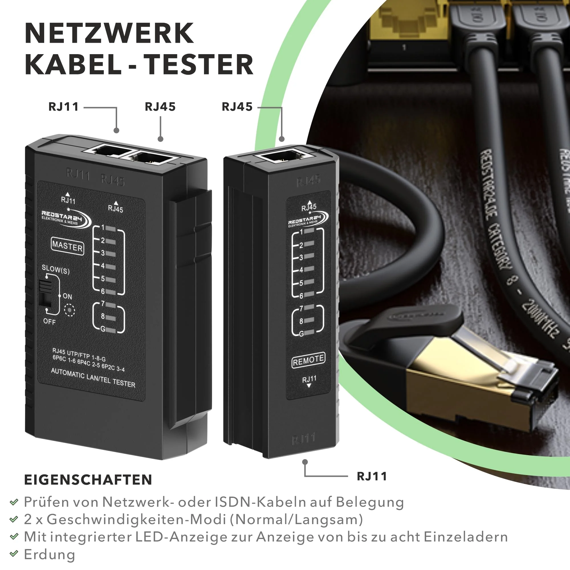 RedStar24 Network Tester - LAN Cable Tester with RJ11, RJ12, RJ45 for Patch Cable - Test LEDs for Precise Testing and Checking of LAN and Network Cable - Ideal for Patch Cable and Line Tests 1 pc. - Image 2