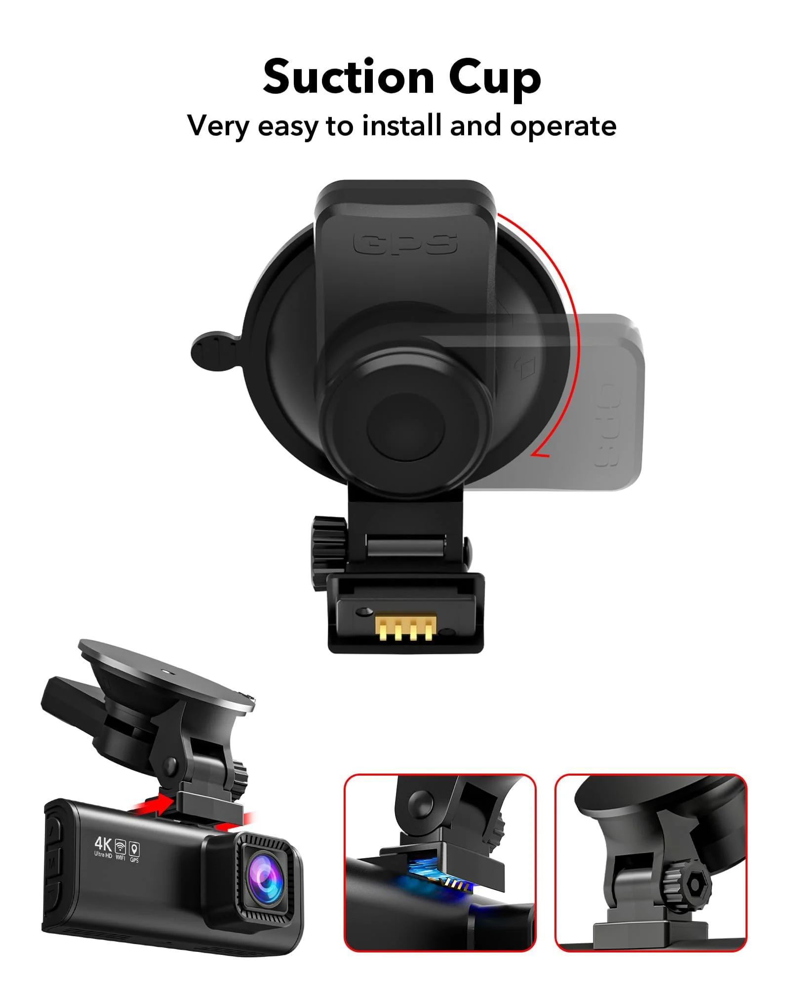 REDTIGER Suction Mount for F7N Series Dash Cam,Built-in GPS Module,Easy Install,180° Rotatable,Includes Adhesive Pads and Electrostatic Stickers - Image 2