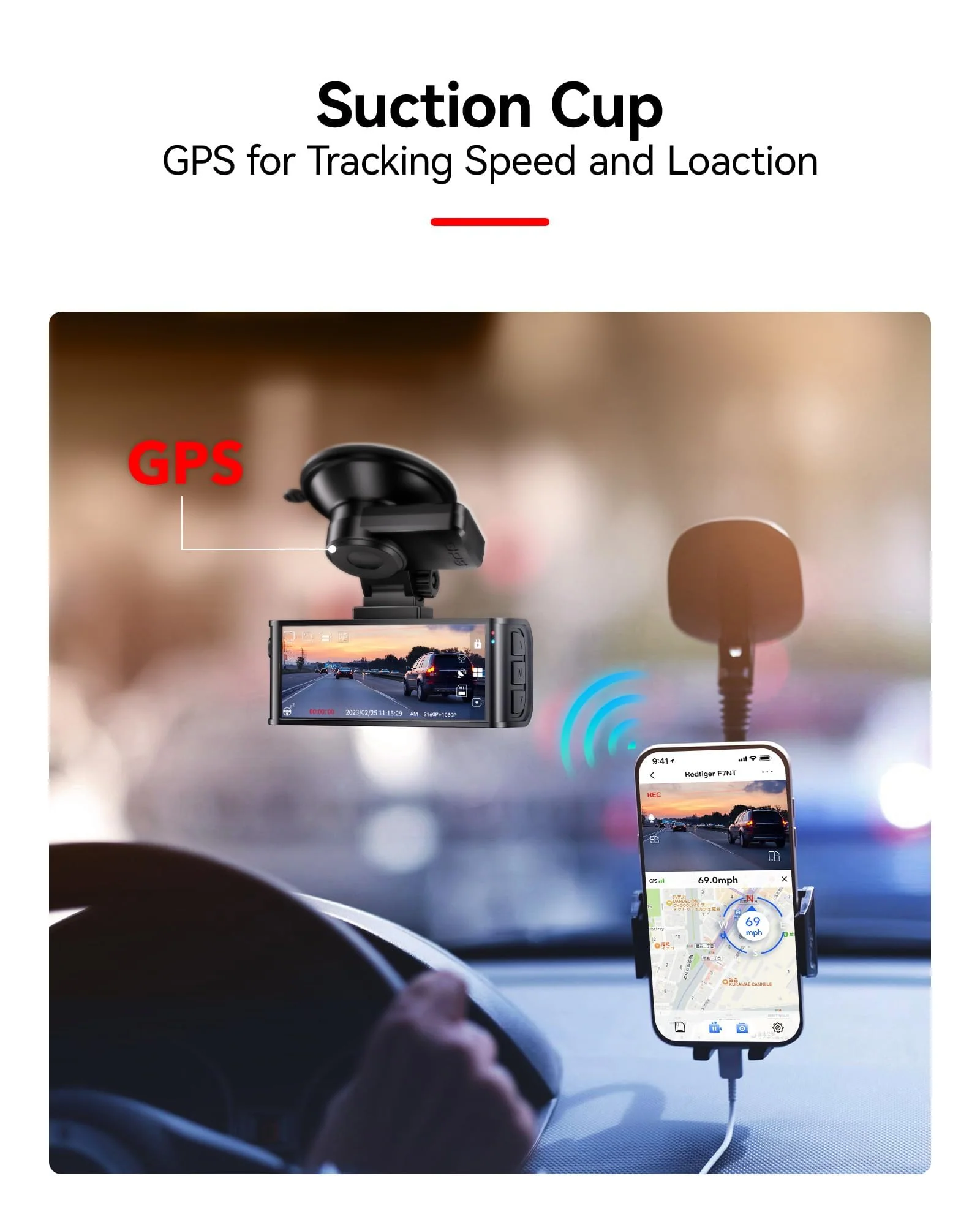 REDTIGER Suction Mount for F7N Series Dash Cam,Built-in GPS Module,Easy Install,180° Rotatable,Includes Adhesive Pads and Electrostatic Stickers - Image 5