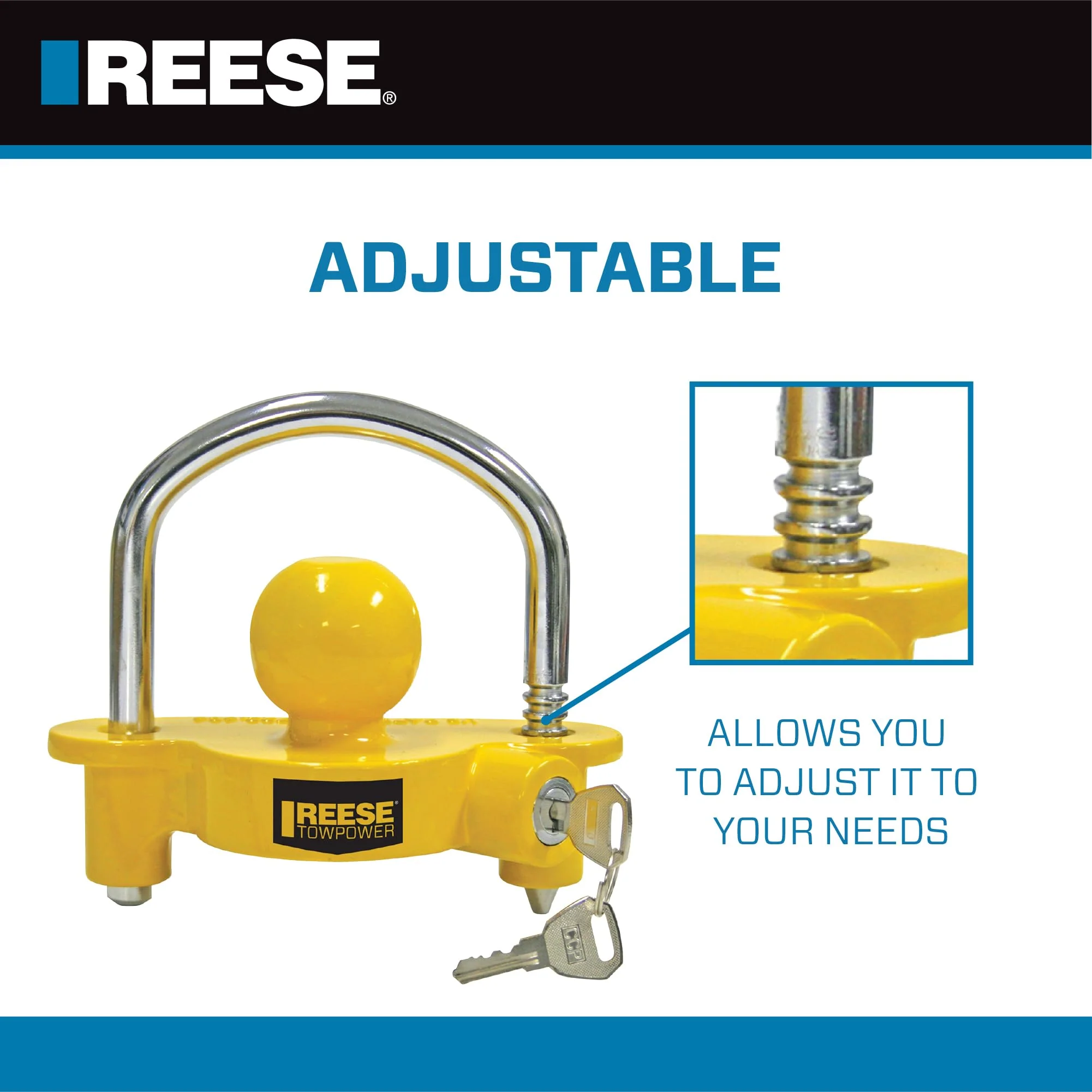 REESE Towpower 72783 Coupler Lock, Adjustable Storage Security, Heavy-Duty Steel, Yellow and Chrome ( Universal Fit) 1-7/8" Universal Trailer Coupler Lock - Image 4