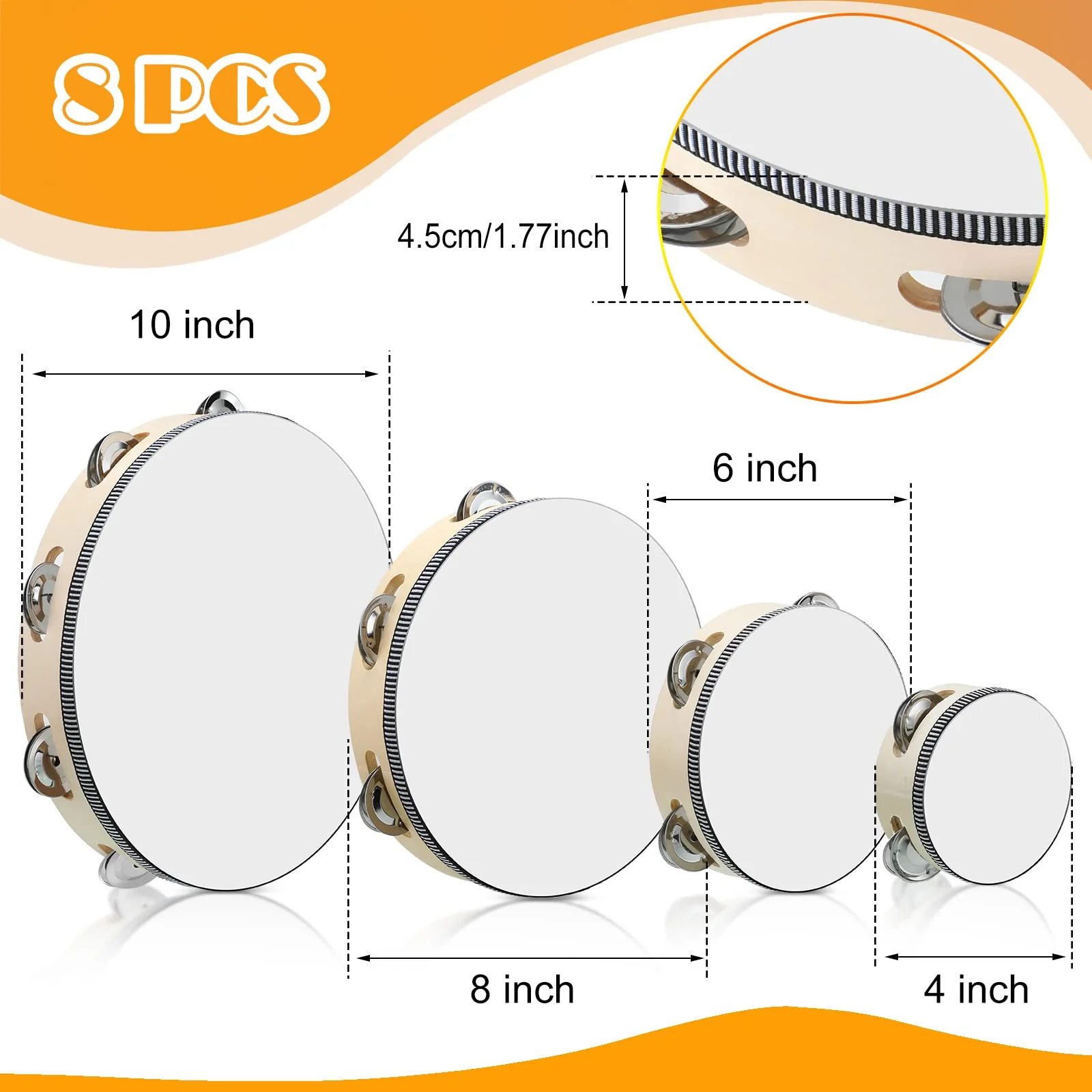 Reginary 8 Pcs Tambourine for Adults Handheld Wood Tambourine 4 Size Single Row Metal Jingles Musical Educational Gift Rhythm Percussion Instrument for Church Party Ktv(Natural) Natural - Image 2