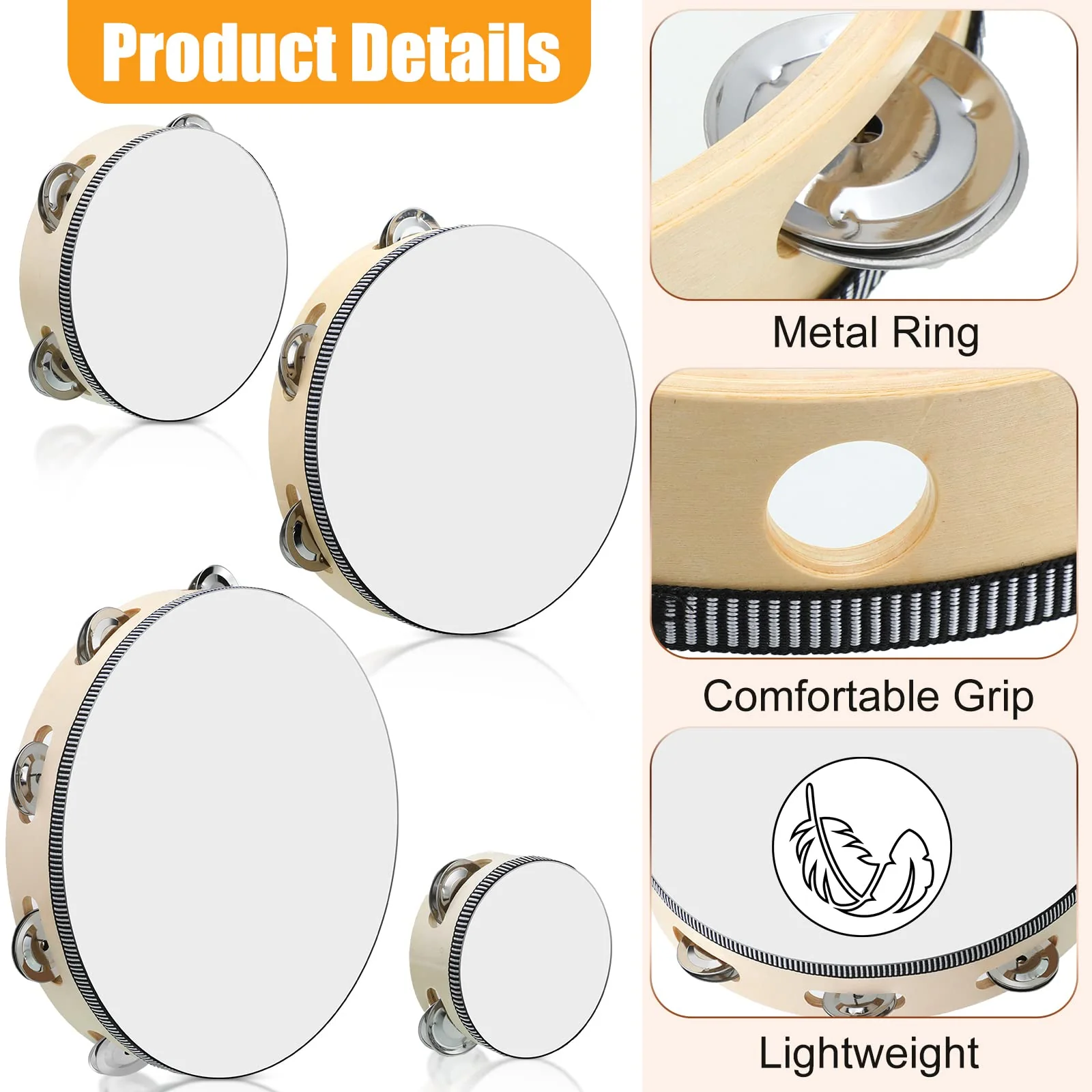 Reginary 8 Pcs Tambourine for Adults Handheld Wood Tambourine 4 Size Single Row Metal Jingles Musical Educational Gift Rhythm Percussion Instrument for Church Party Ktv(Natural) Natural - Image 3