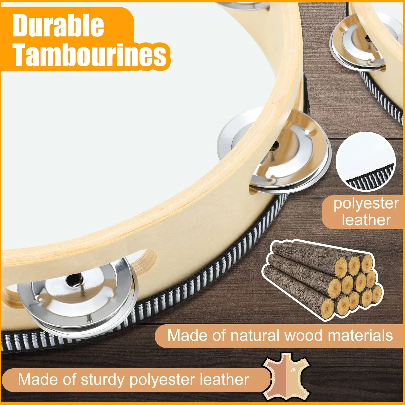 Reginary 8 Pcs Tambourine for Adults Handheld Wood Tambourine 4 Size Single Row Metal Jingles Musical Educational Gift Rhythm Percussion Instrument for Church Party Ktv(Natural) Natural - Image 4