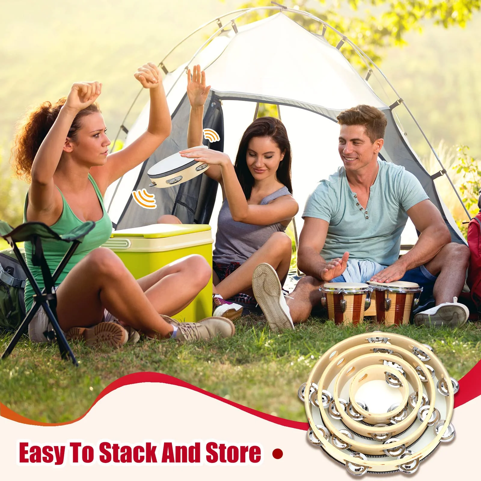 Reginary 8 Pcs Tambourine for Adults Handheld Wood Tambourine 4 Size Single Row Metal Jingles Musical Educational Gift Rhythm Percussion Instrument for Church Party Ktv(Natural) Natural - Image 6