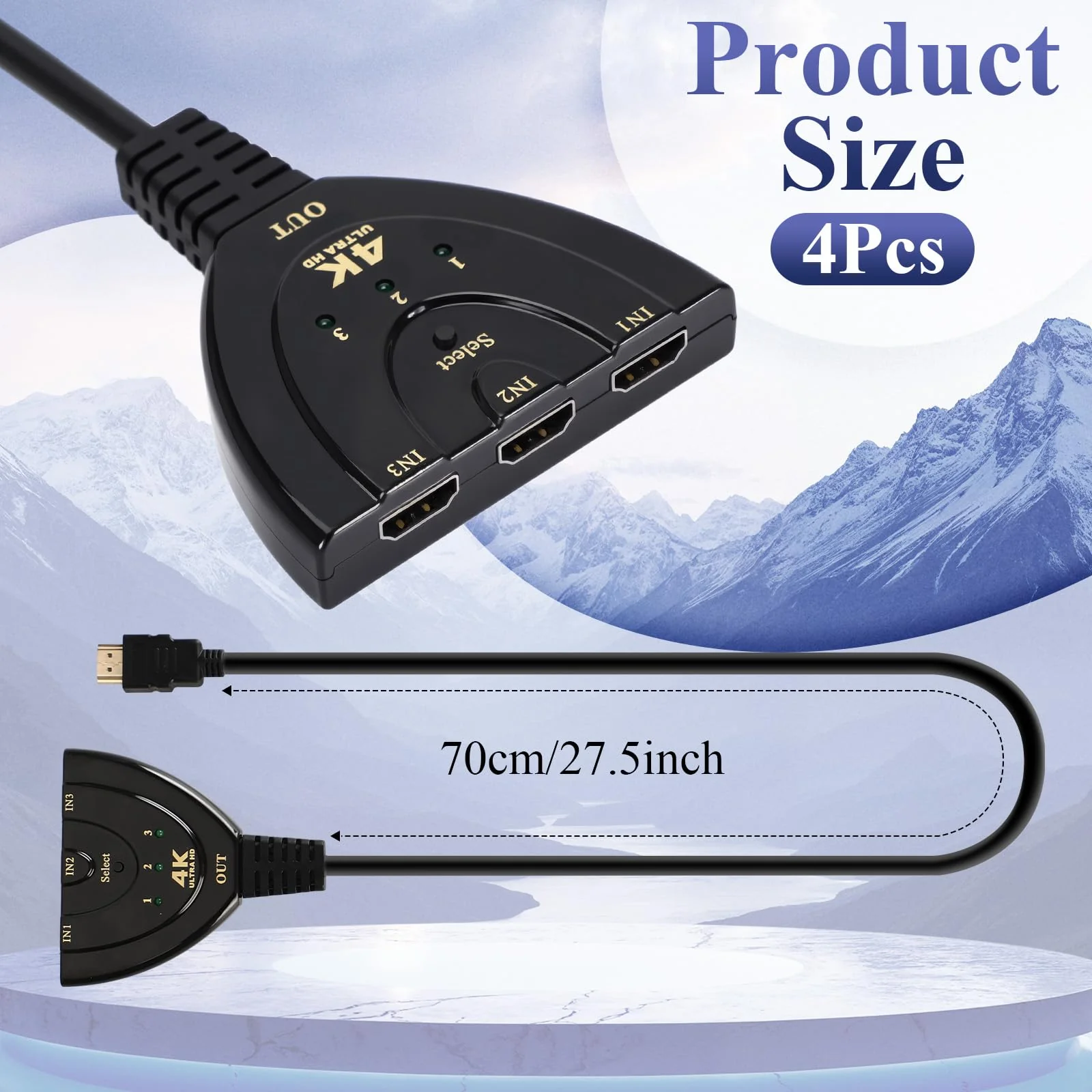 Relaxweex 4 Pcs HDMI Switch 3 in 1 Out 3 Port HDMI Switcher with Pigtail Cable Splitter Hub Selector Box Supports Full HD 4k 30hz 3D 1080p Hdcp1.4 for DVD Player PC TV - Image 2
