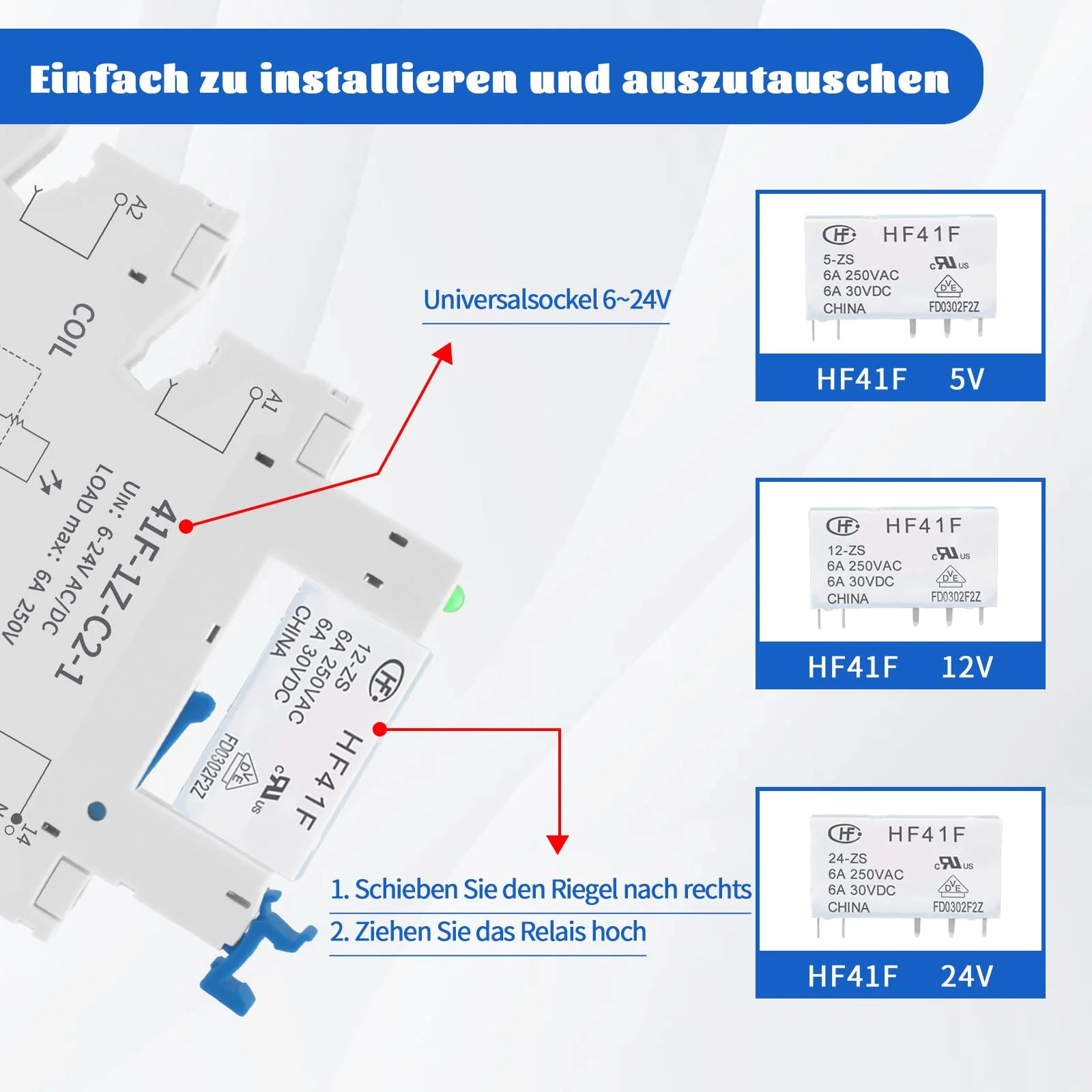 ReleyWell 12 V Relay DIN Rail; Silm, Solenoid Power Relay for PLC, HF41F/24-ZS 5 Pin SPDT with Push in Socket, 24 Coil dc/ac, Electromagnetic Relay, Max 6A 250VAC 12V-2 - Image 3