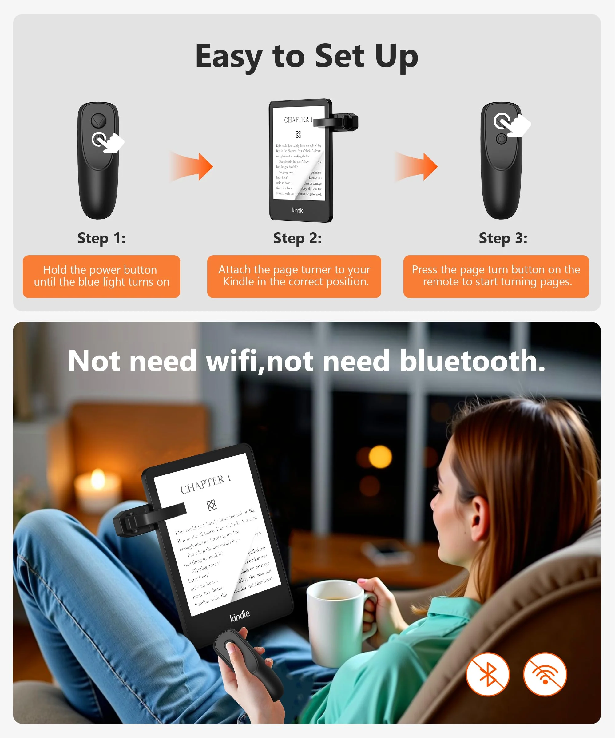 Remote Control Page Turner for Kindle Paperwhite Kobo eReaders, Page Turner Clicker with Wireless Remote Compatible with iPad, Tablets, Cellphones Black - Image 2