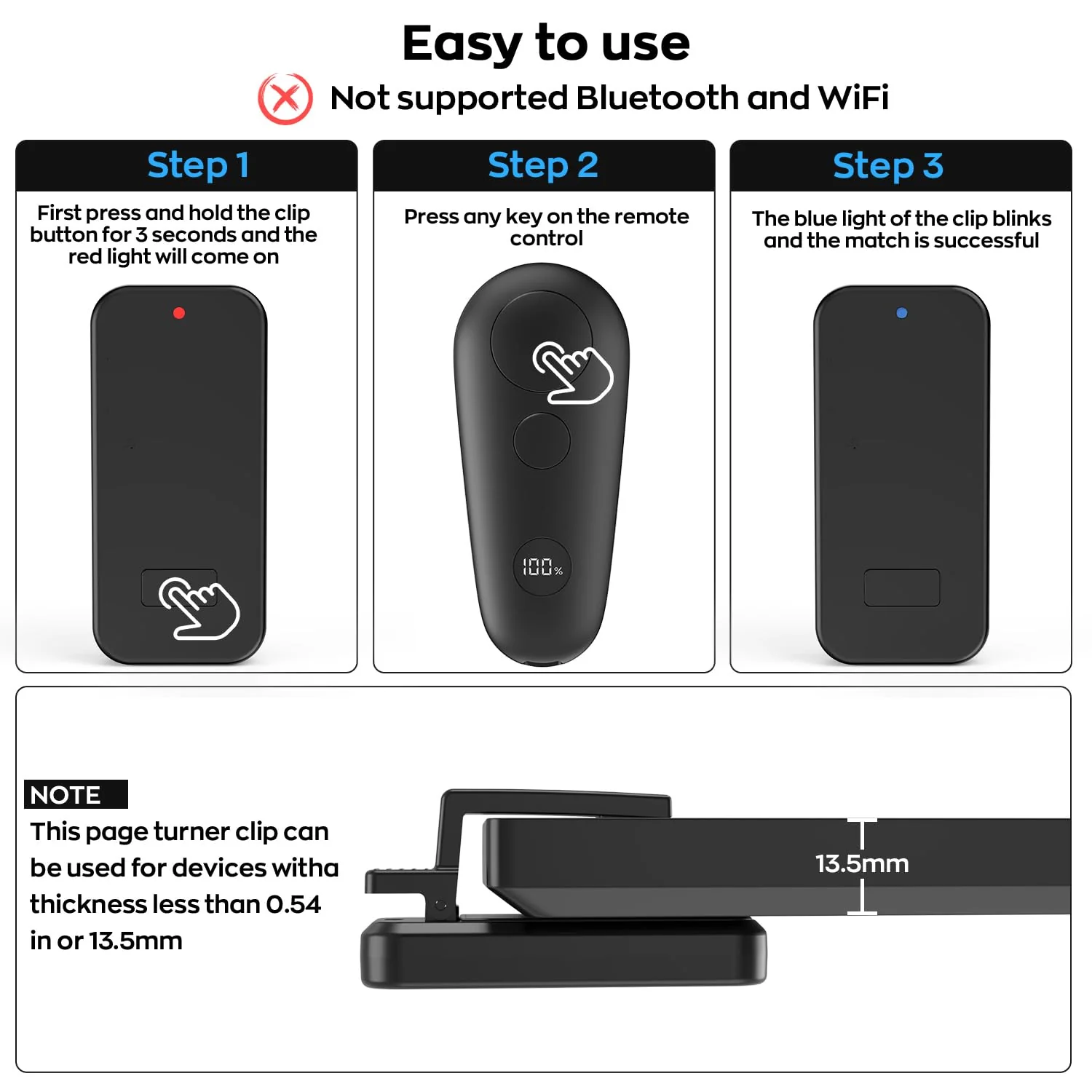 Remote Control Page Turner for Kindle Paperwhite Oasis Scribe eReaders, Page Turner Clicker for iPad Tablets Reading Novels Taking, Phone Camera Video Record Remote Triggers, Black - Image 6