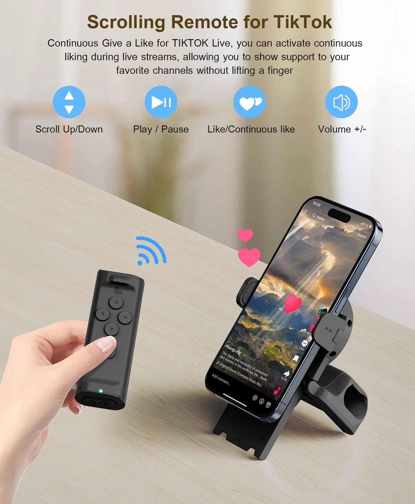 Remote Control Scrolling for TikTok, Page Turner for Kindle App, Camera Camcorder Remote Controls, Scrolling Remote for TikTok/iOS/Android/iPad/iPhone/Tablet with Phone Stand Black - Image 3