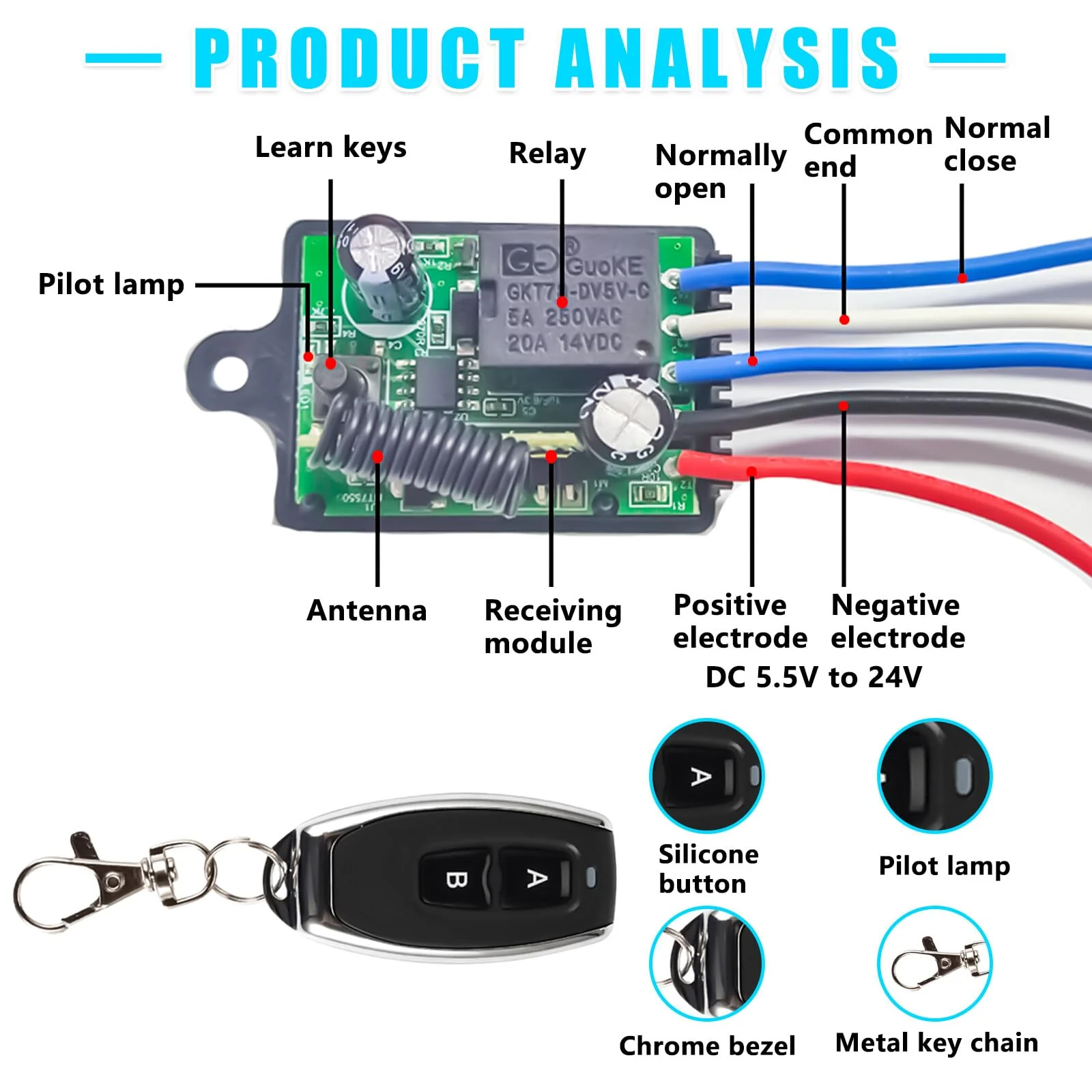 Remote Control Switch, 12 V Radio Switch, DC5.5 V ~ 30 V 5 A Relay Remote Switch, 50 m Long Range Radio Switch with 2 Remote Controls for Ceiling Lights, Motor, Lamps Christmas Decoration - Image 6