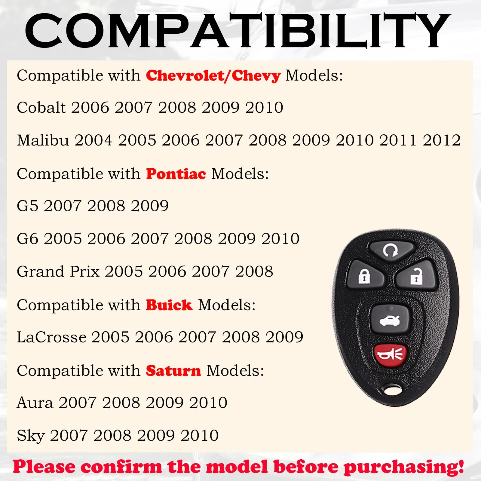 Remote Key Fob Replacement Fits for Chevy Malibu 2004 2005 2006 2007 2008 2009 2010 2012 Cobalt Pontiac G5 G6 Grand Prix Lacrosse Saturn Aura Sky Keyless Entry Remote Control 22733524 KOBGT04A - Image 2