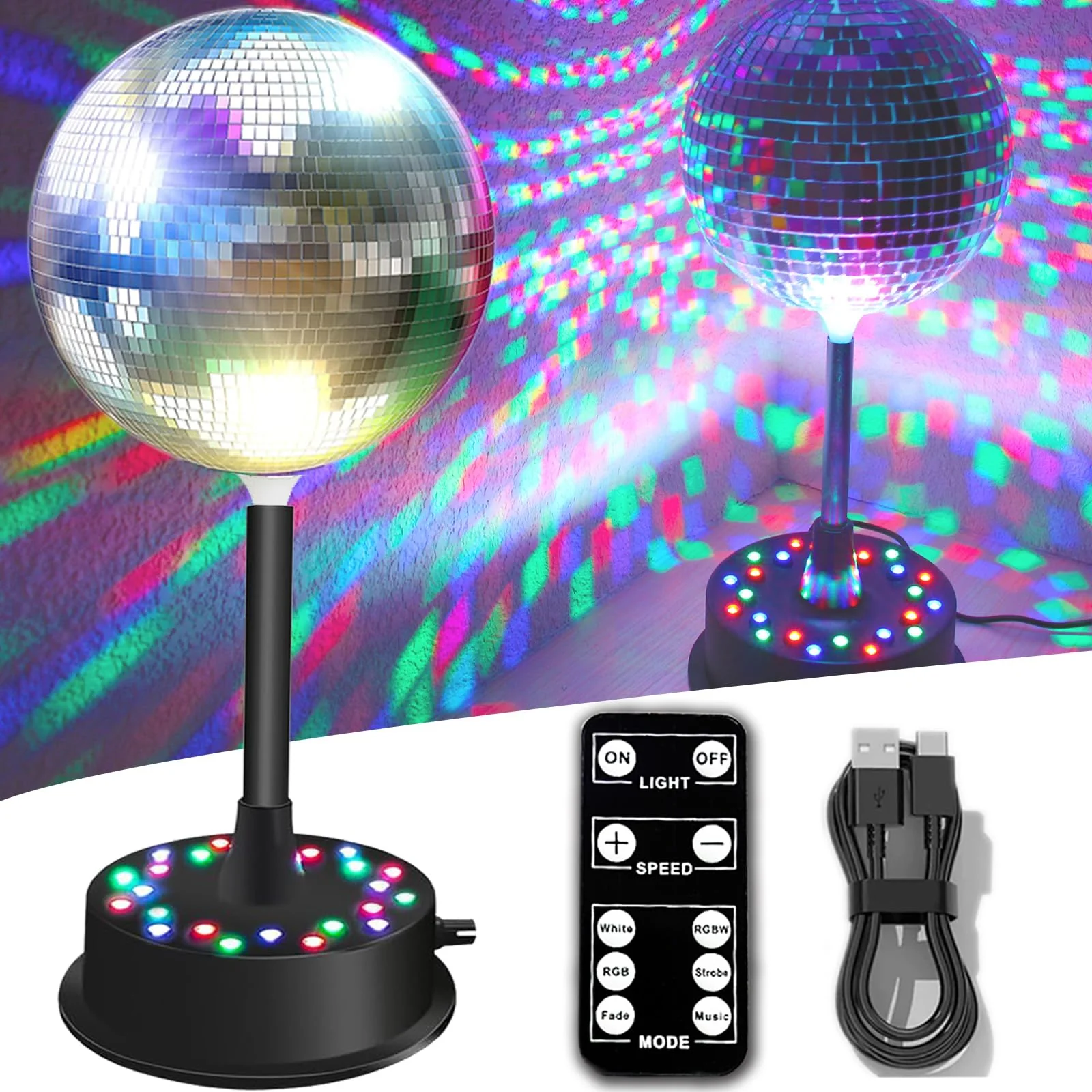 Remote RGBW Rotating Mirror Ball Light,5-10RPM Adjustable Speed Light Up Spinner 23 LED Disco Motor with 6" Mirror Ball for Birthday Party Decor - Image 2