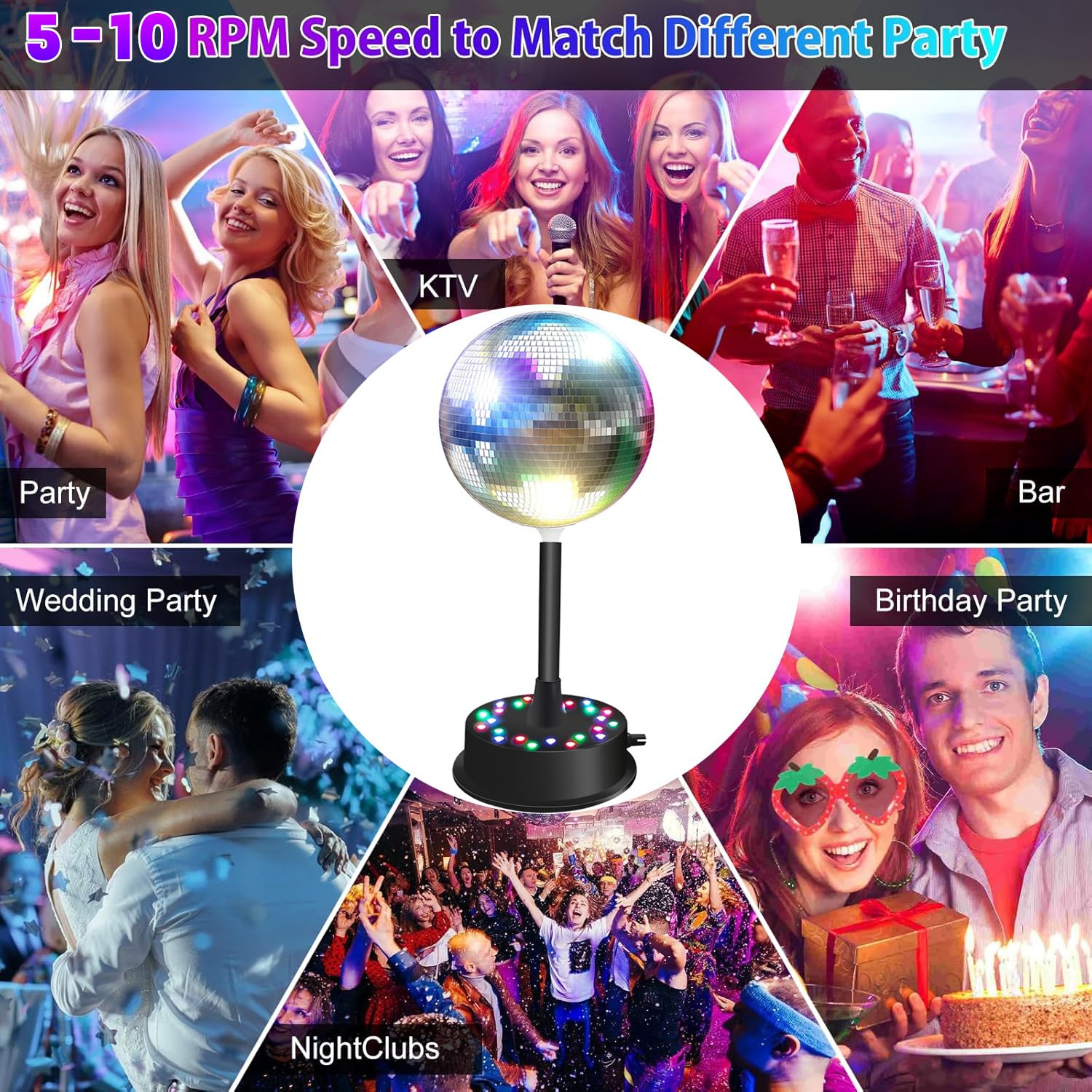 Remote RGBW Rotating Mirror Ball Light,5-10RPM Adjustable Speed Light Up Spinner 23 LED Disco Motor with 6" Mirror Ball for Birthday Party Decor - Image 4