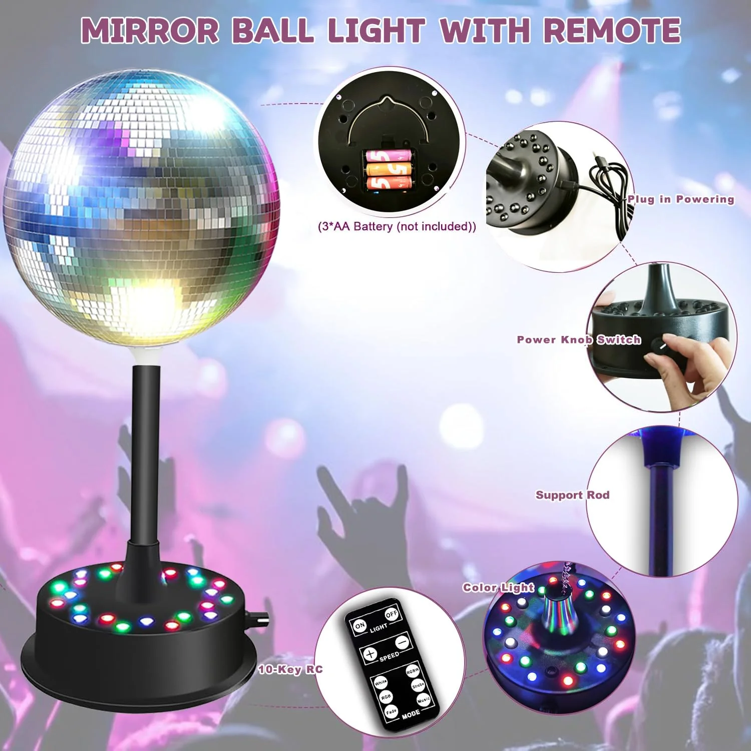 Remote RGBW Rotating Mirror Ball Light,5-10RPM Adjustable Speed Light Up Spinner 23 LED Disco Motor with 6" Mirror Ball for Birthday Party Decor - Image 5