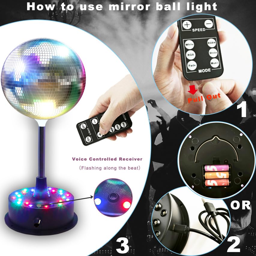 Remote RGBW Rotating Mirror Ball Light,5-10RPM Adjustable Speed Light Up Spinner 23 LED Disco Motor with 6" Mirror Ball for Birthday Party Decor - Image 6