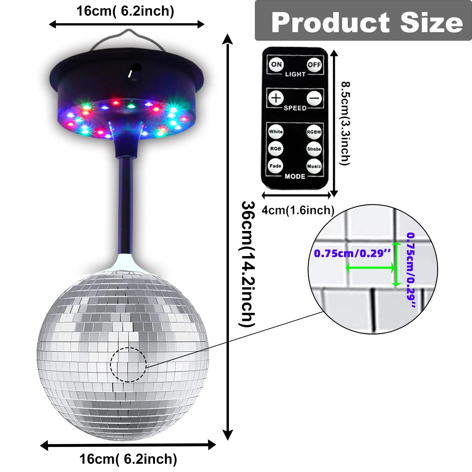 Remote RGBW Rotating Mirror Ball Light,5-10RPM Adjustable Speed Light Up Spinner 23 LED Disco Motor with 6" Mirror Ball for Birthday Party Decor - Image 7