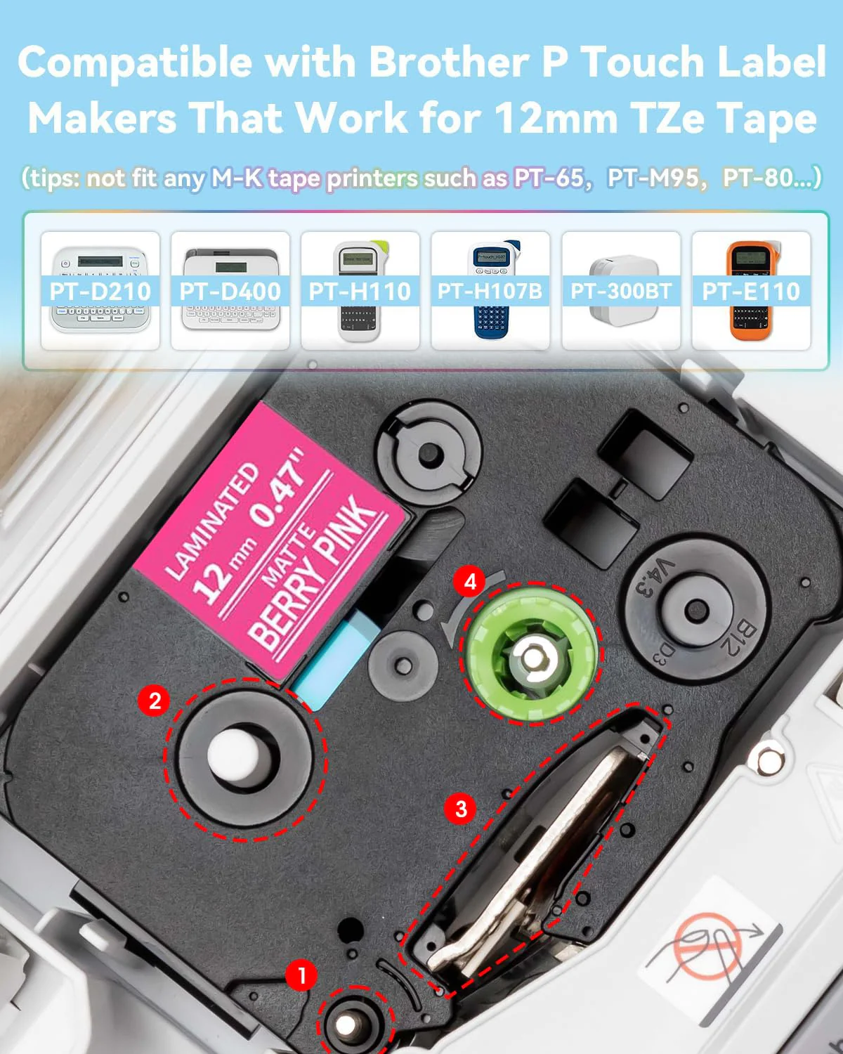 Replacement for Brother P-Touch Label Maker Tape TZe 12mm 0.47 Ribbon Laminated TZ Colored Refills Compatible with Brother P Touch PT-D210 D220 H110 1000 1280 D400 Cube, 1/2" x 26.2', 6 Pack Pink/Blue/Yellow/Green/ Black/Lime Green - Image 3