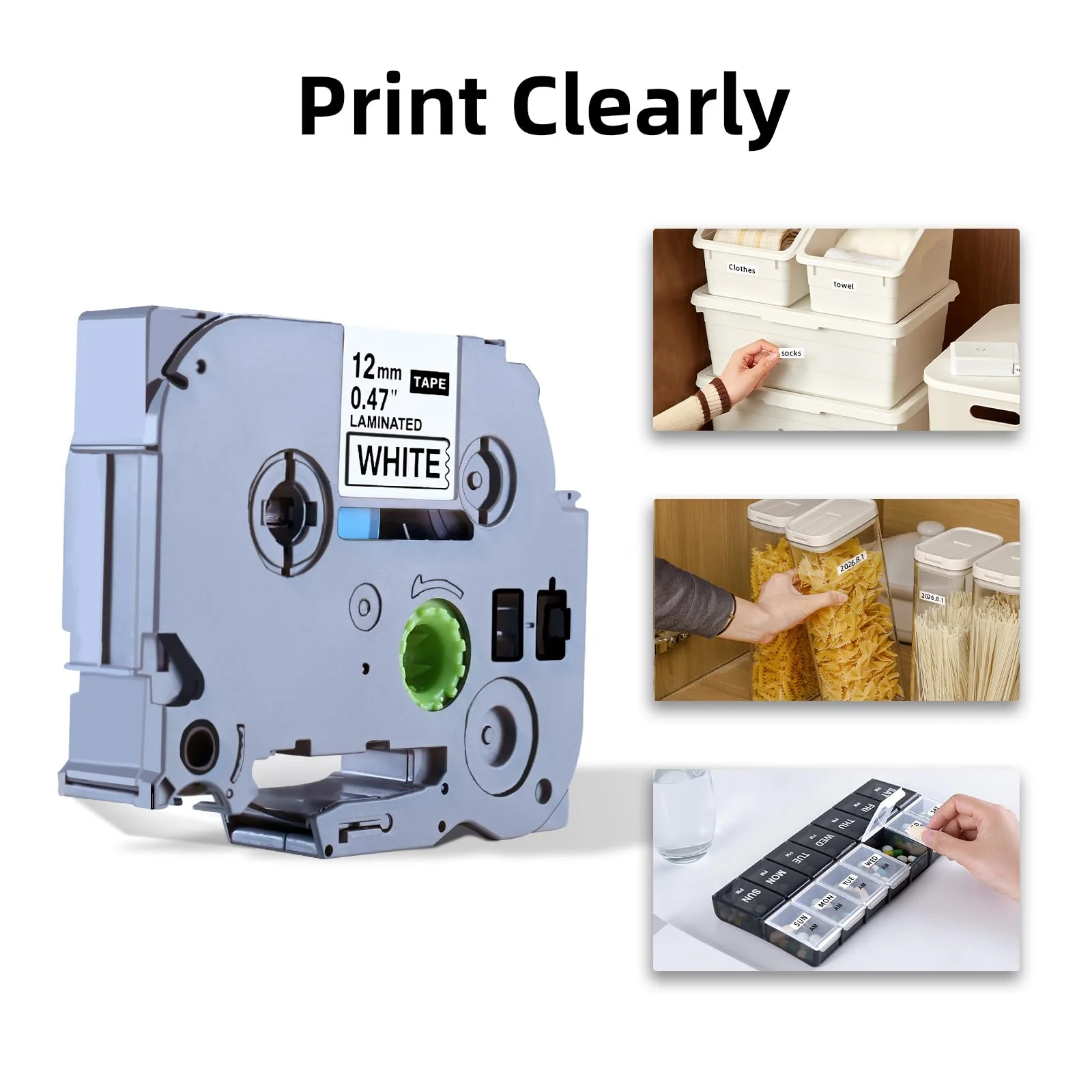 Replacement for Brother P Touch Label Tape, Tape 12mm 0.47 Laminated Black on White Tape, Compatible with Brother PT-D210 D410 H110 D220, 6-PK - Image 5