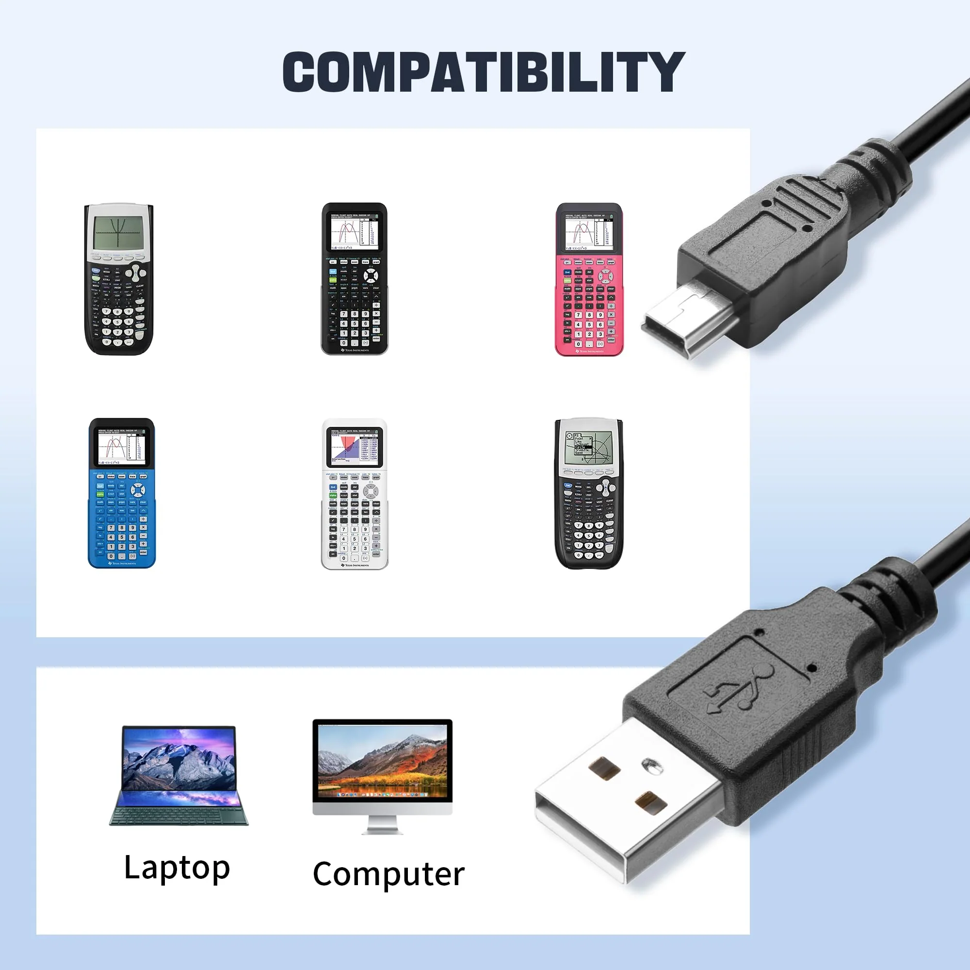 Replacement Power and Data Cord for Texas Instruments TI-84 Plus CE, TI 84 Plus C Silver Edition, TI Nspire CX/TI Nspire CX CAS Graphing Calculator Charging Cable - Image 4