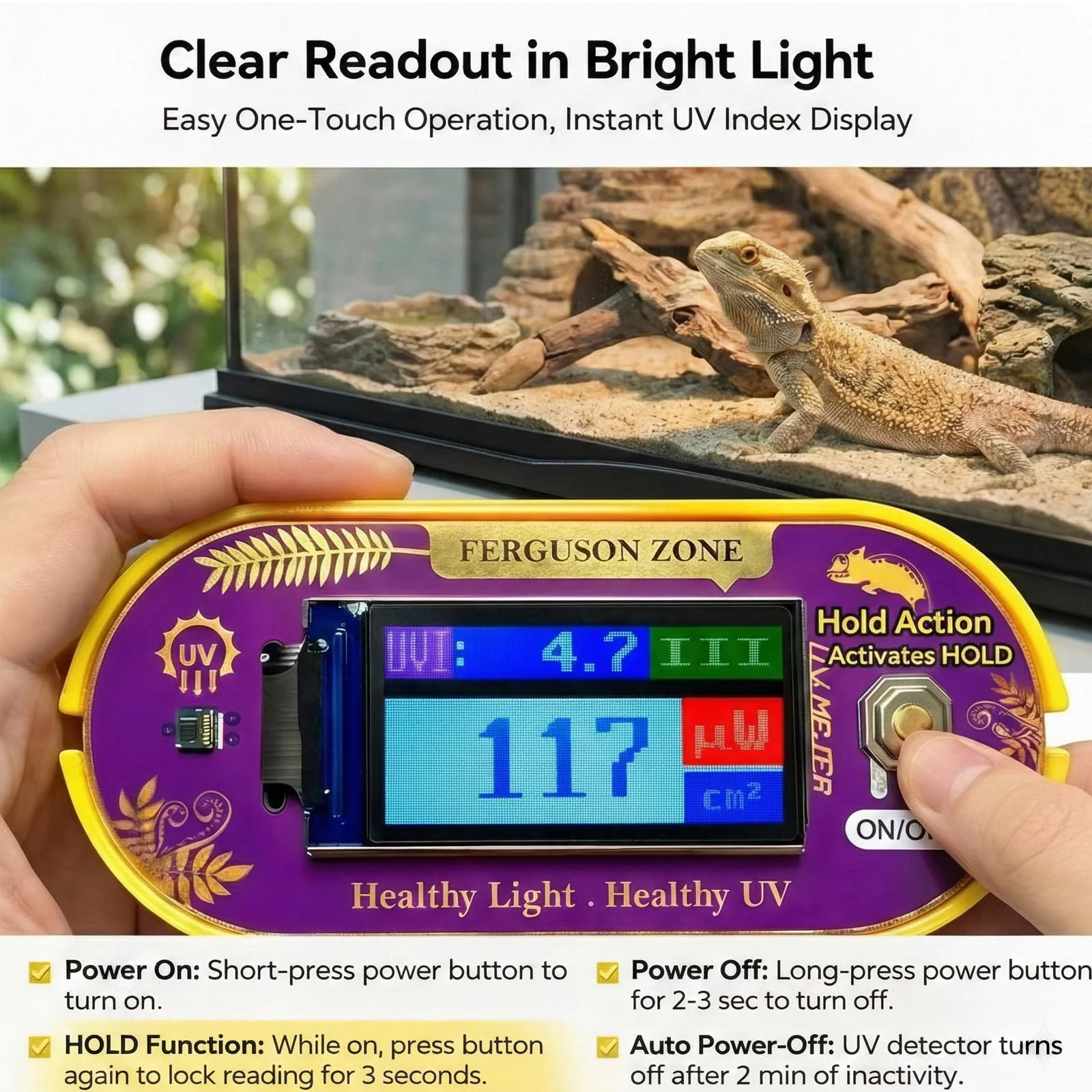 Reptile UVB UVA Light Meter for Bearded Dragon Tank Accessories, Portable Light Meter & Radiation Detector for Reptiles, Test Light and Sunlight Wavelength Meter with CR2032 Battery Light Yellow - Image 2