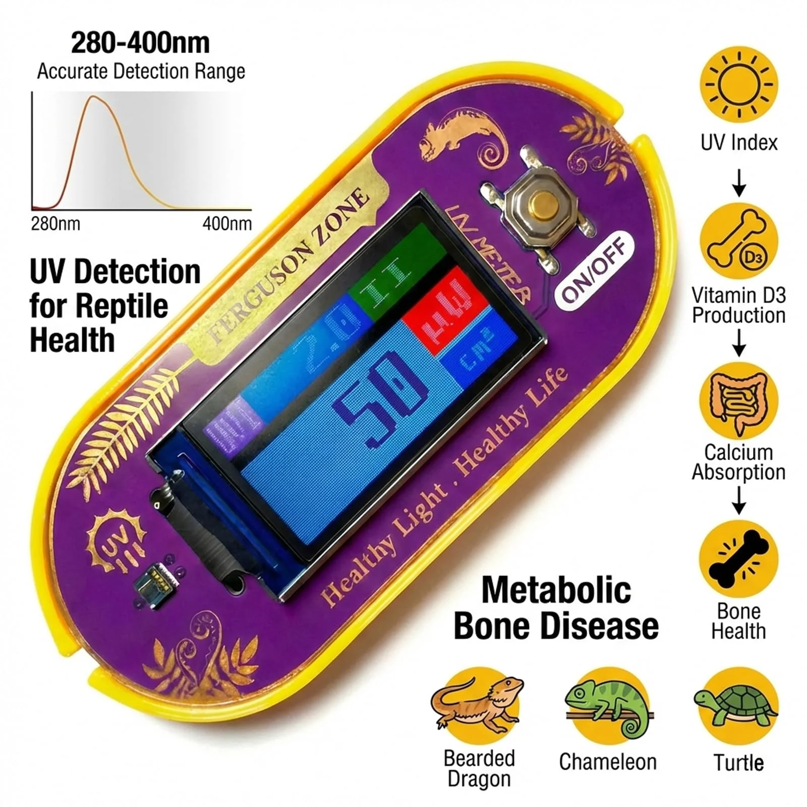Reptile UVB UVA Light Meter for Bearded Dragon Tank Accessories, Portable Light Meter & Radiation Detector for Reptiles, Test Light and Sunlight Wavelength Meter with CR2032 Battery Light Yellow - Image 3