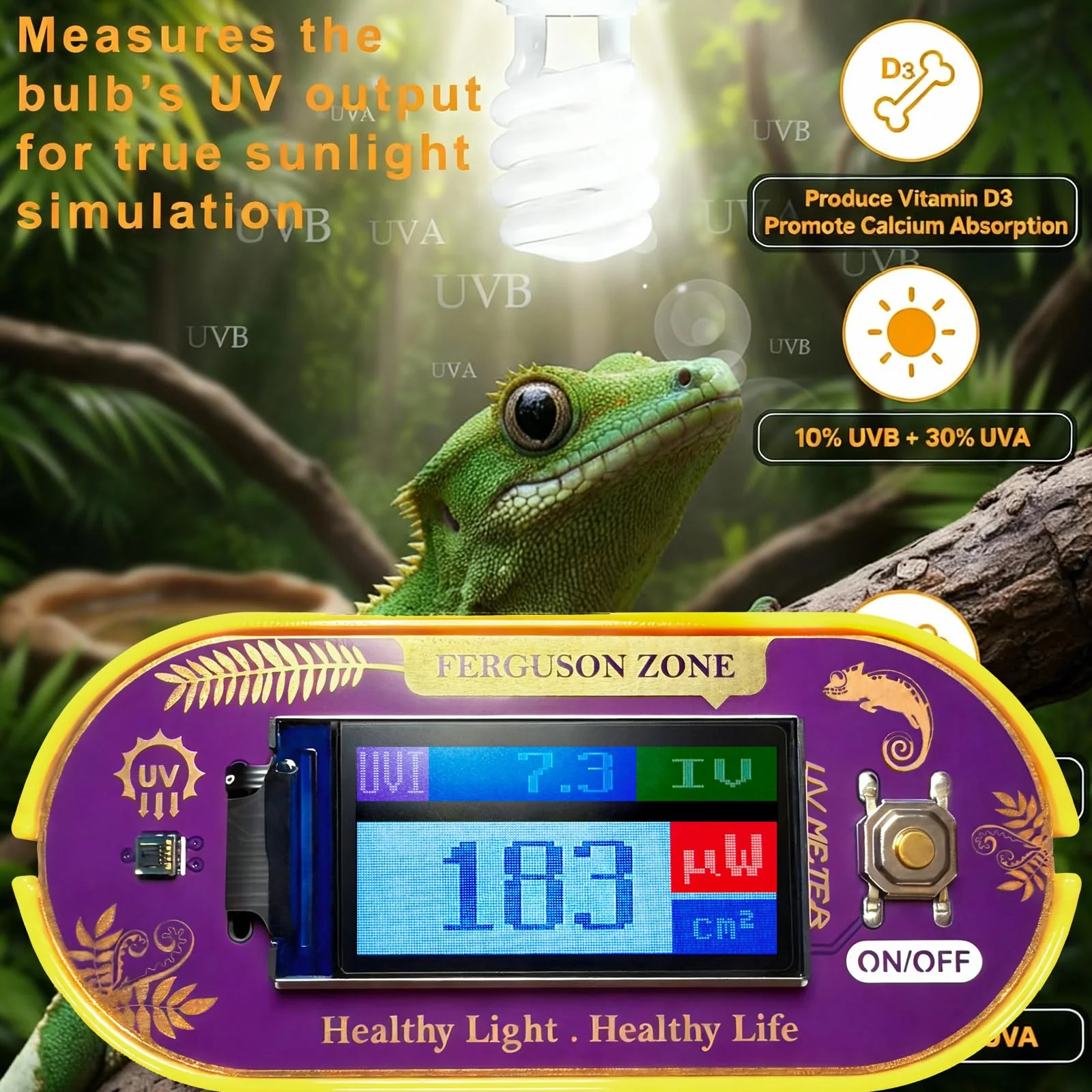 Reptile UVB UVA Light Meter for Bearded Dragon Tank Accessories, Portable Light Meter & Radiation Detector for Reptiles, Test Light and Sunlight Wavelength Meter with CR2032 Battery Light Yellow - Image 6