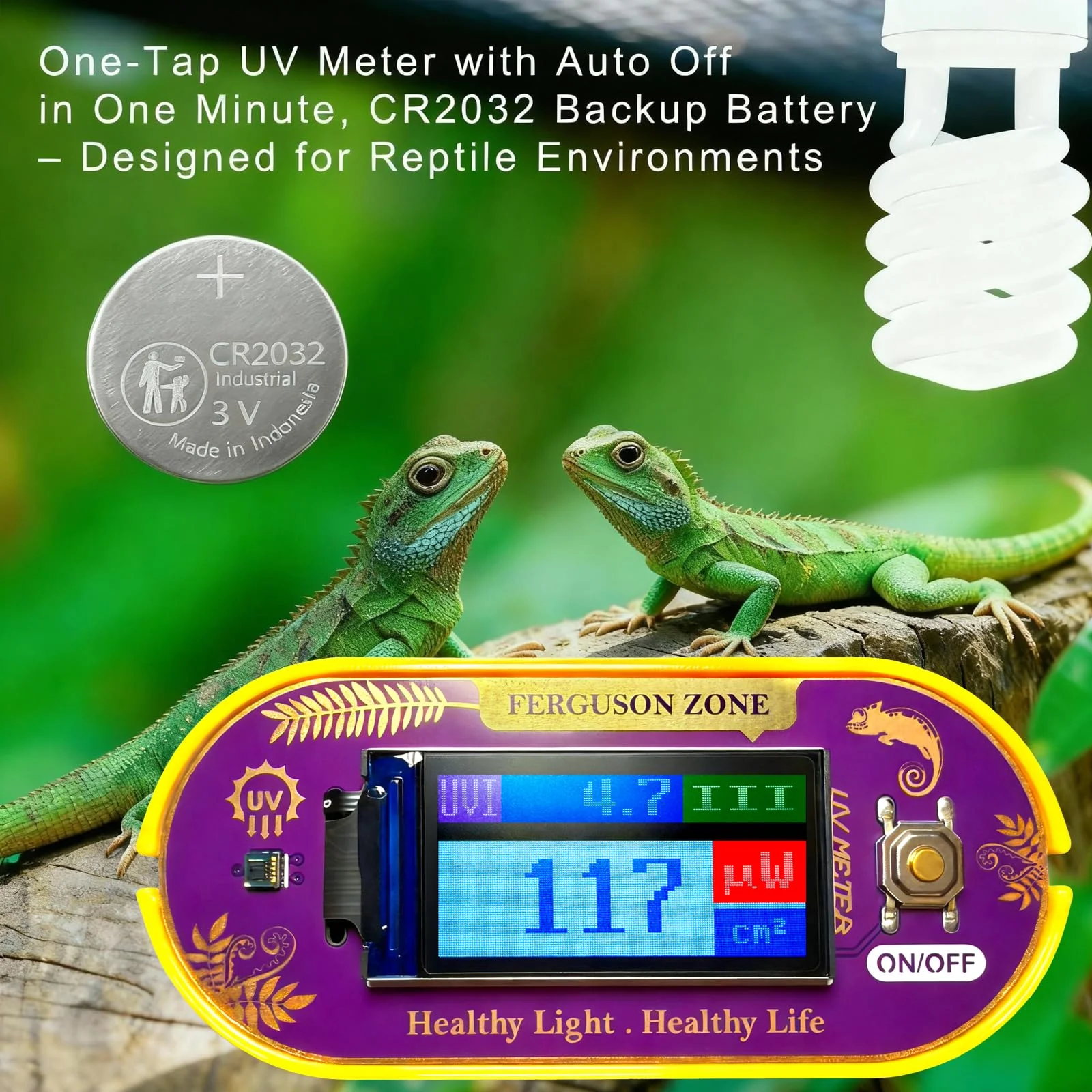 Reptile UVB UVA Light Meter for Bearded Dragon Tank Accessories, Portable Light Meter & Radiation Detector for Reptiles, Test Light and Sunlight Wavelength Meter with CR2032 Battery Light Yellow - Image 7