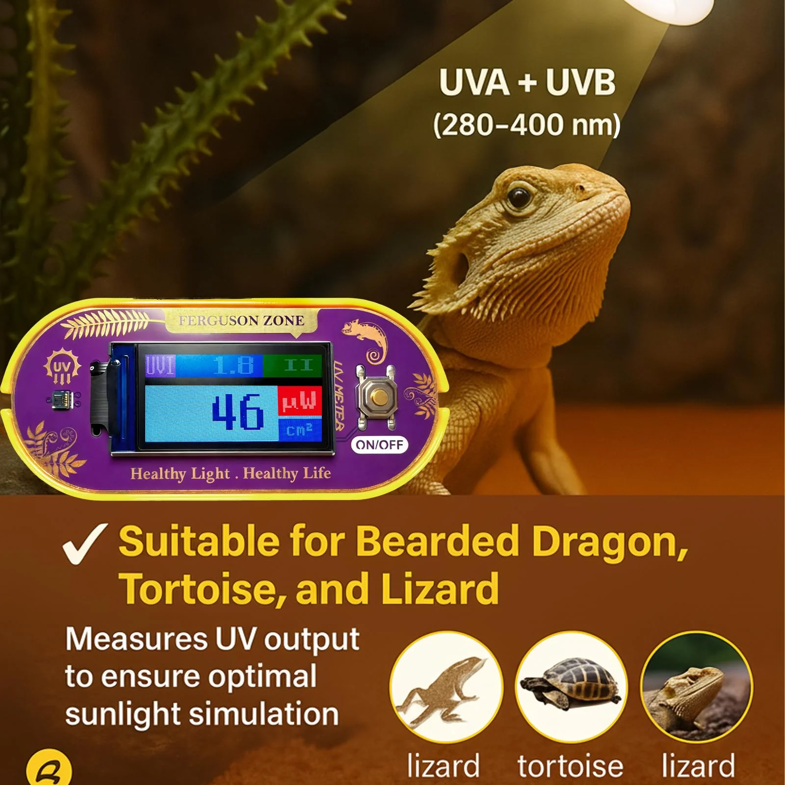 Reptile UVB UVA Light Meter for Bearded Dragon Tank Accessories, Portable Light Meter & Radiation Detector for Reptiles, Test Light and Sunlight Wavelength Meter with CR2032 Battery Light Yellow - Image 9