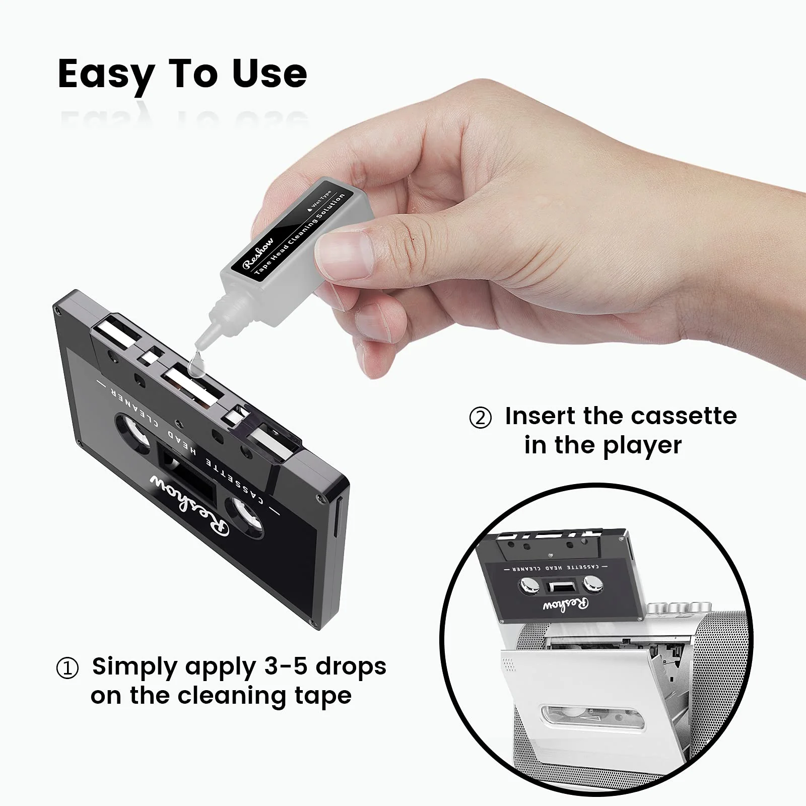 Reshow Audio Tape Cassette Head Cleaner with 2 Cleaning Fluids Care Wet Maintenance Kit for Cassette Tape Player/Boombox/Deck/Recorder - Image 2