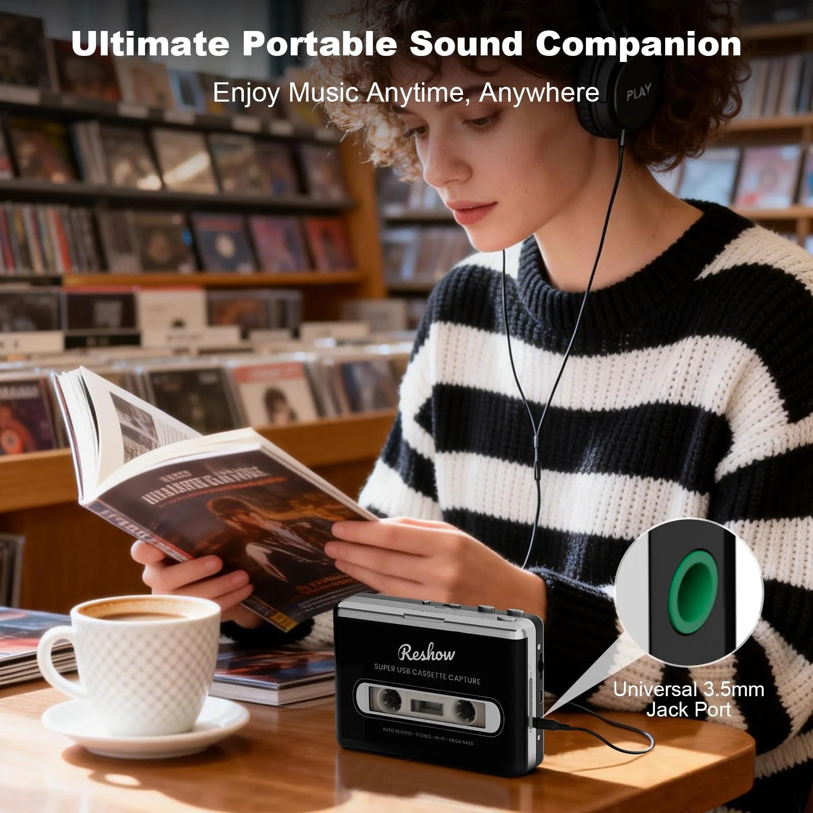 Reshow Cassette Tape Player, Portable Tape Player Audio Cassette to Digital Converter, Convert Cassette Tape Recorder to iPod Format Compatible with Laptops and Personal Computers - Black - Image 2