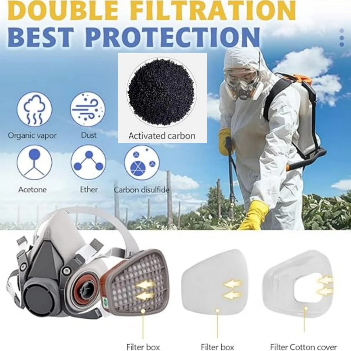 Respirator Mask with Filter and Glasses, Chemical Face Protection for Painting, Dust, Epoxy Resin, Paint - Image 2