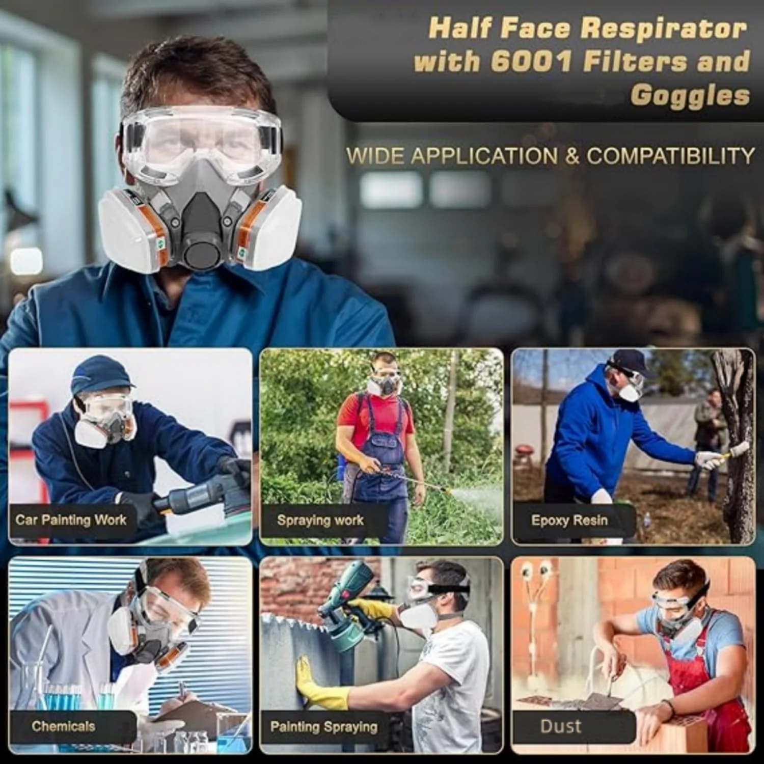 Respirator Mask with Filter and Glasses, Chemical Face Protection for Painting, Dust, Epoxy Resin, Paint - Image 7