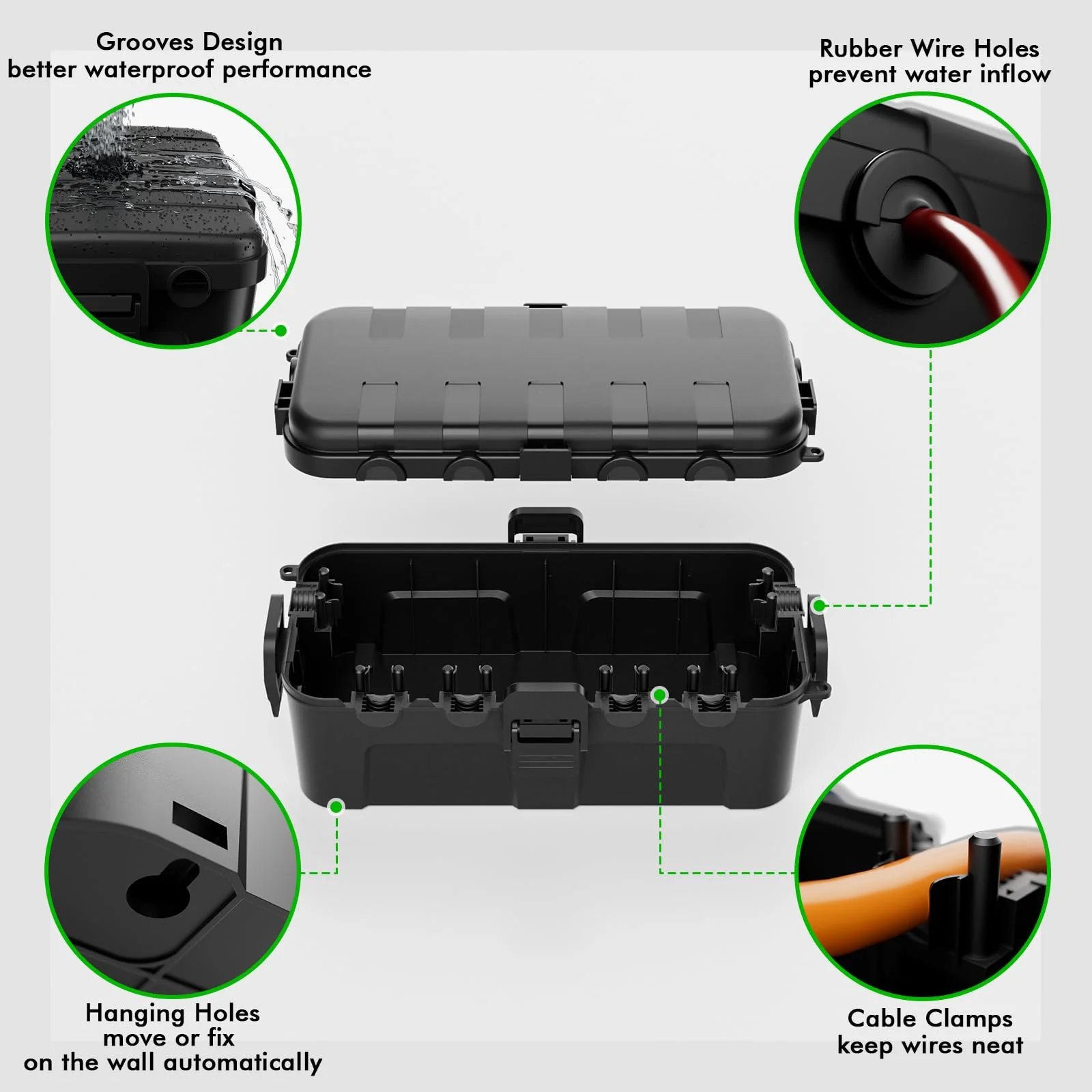 RESTMO Outdoor Electrical Box, IP54 Weatherproof Extension Cord Cover with 6 Cable Entry Ports, Waterproof Connection Box Protect Power Strip, Timer, Plug, Holiday Lights, (11.5x5.2x4 inch), Black 1 Pack - Image 2