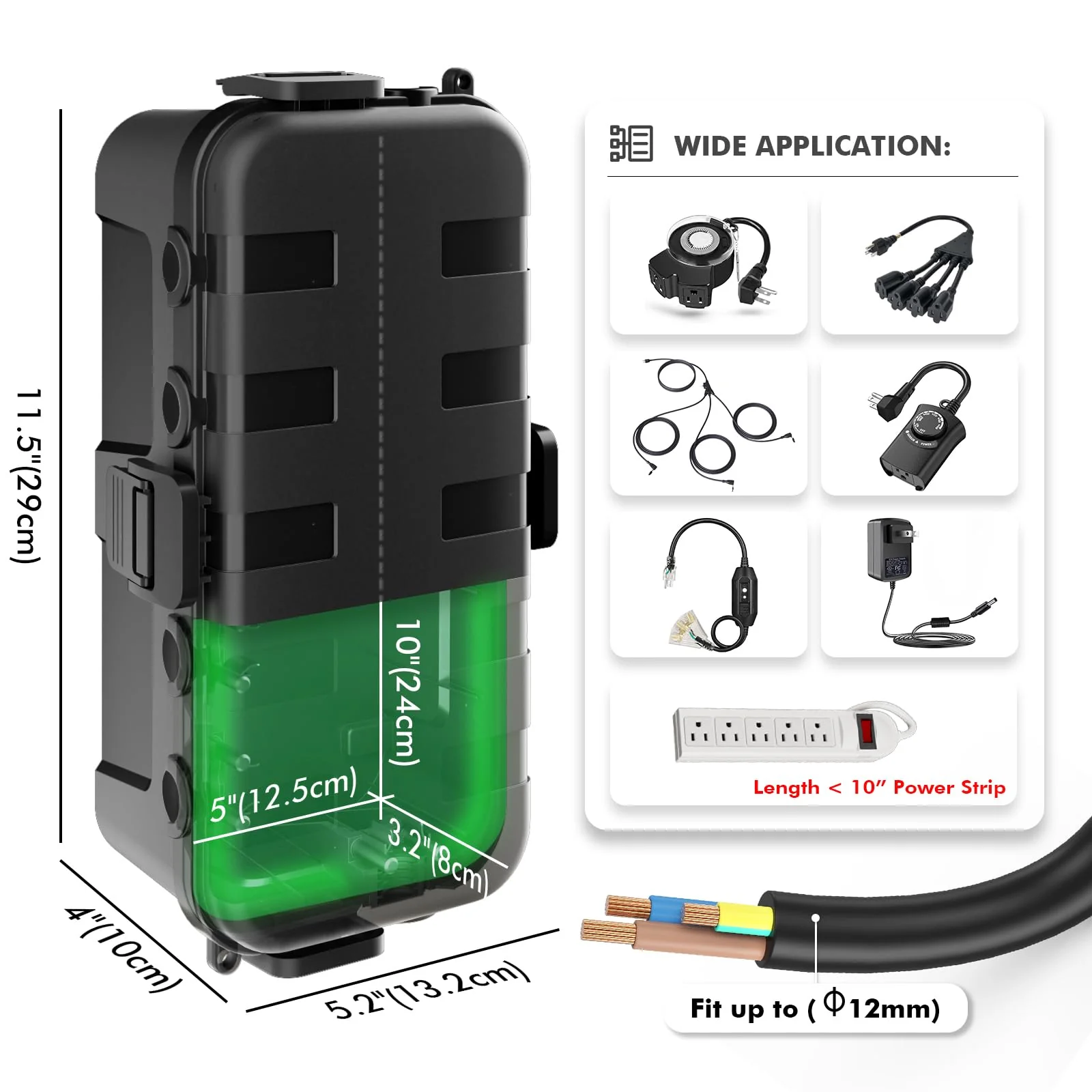 RESTMO Outdoor Electrical Box, IP54 Weatherproof Extension Cord Cover with 6 Cable Entry Ports, Waterproof Connection Box Protect Power Strip, Timer, Plug, Holiday Lights, (11.5x5.2x4 inch), Black 1 Pack - Image 3