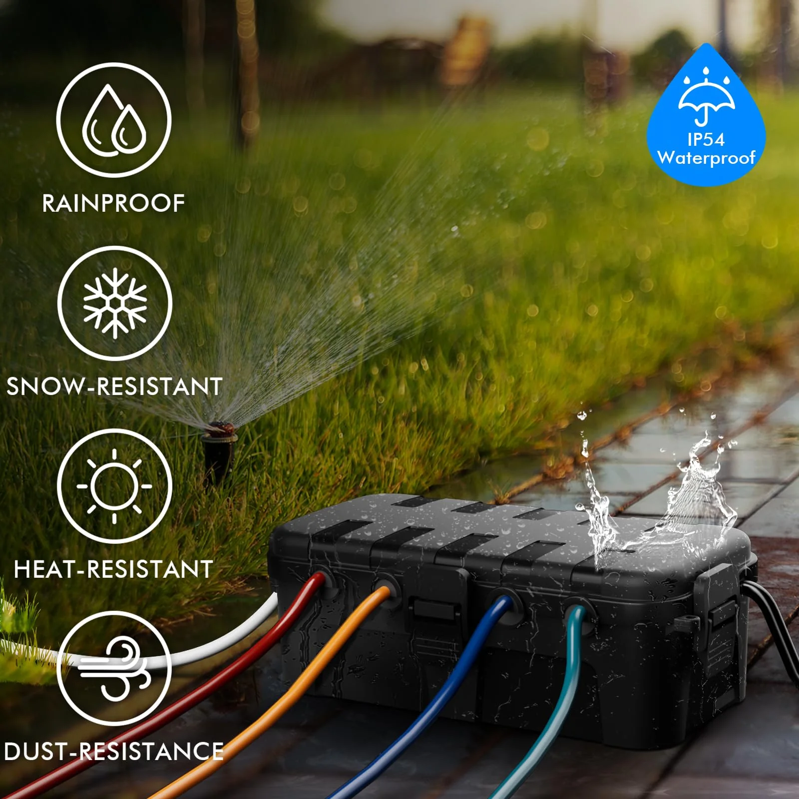 RESTMO Outdoor Electrical Box, IP54 Weatherproof Extension Cord Cover with 6 Cable Entry Ports, Waterproof Connection Box Protect Power Strip, Timer, Plug, Holiday Lights, (11.5x5.2x4 inch), Black 1 Pack - Image 5