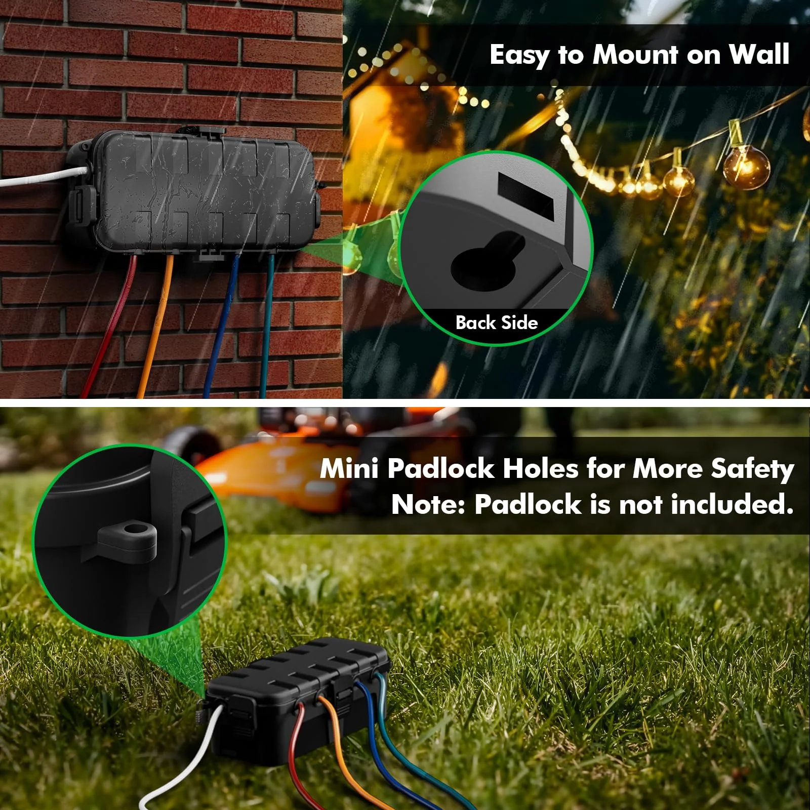 RESTMO Outdoor Electrical Box, IP54 Weatherproof Extension Cord Cover with 6 Cable Entry Ports, Waterproof Connection Box Protect Power Strip, Timer, Plug, Holiday Lights, (11.5x5.2x4 inch), Black 1 Pack - Image 7