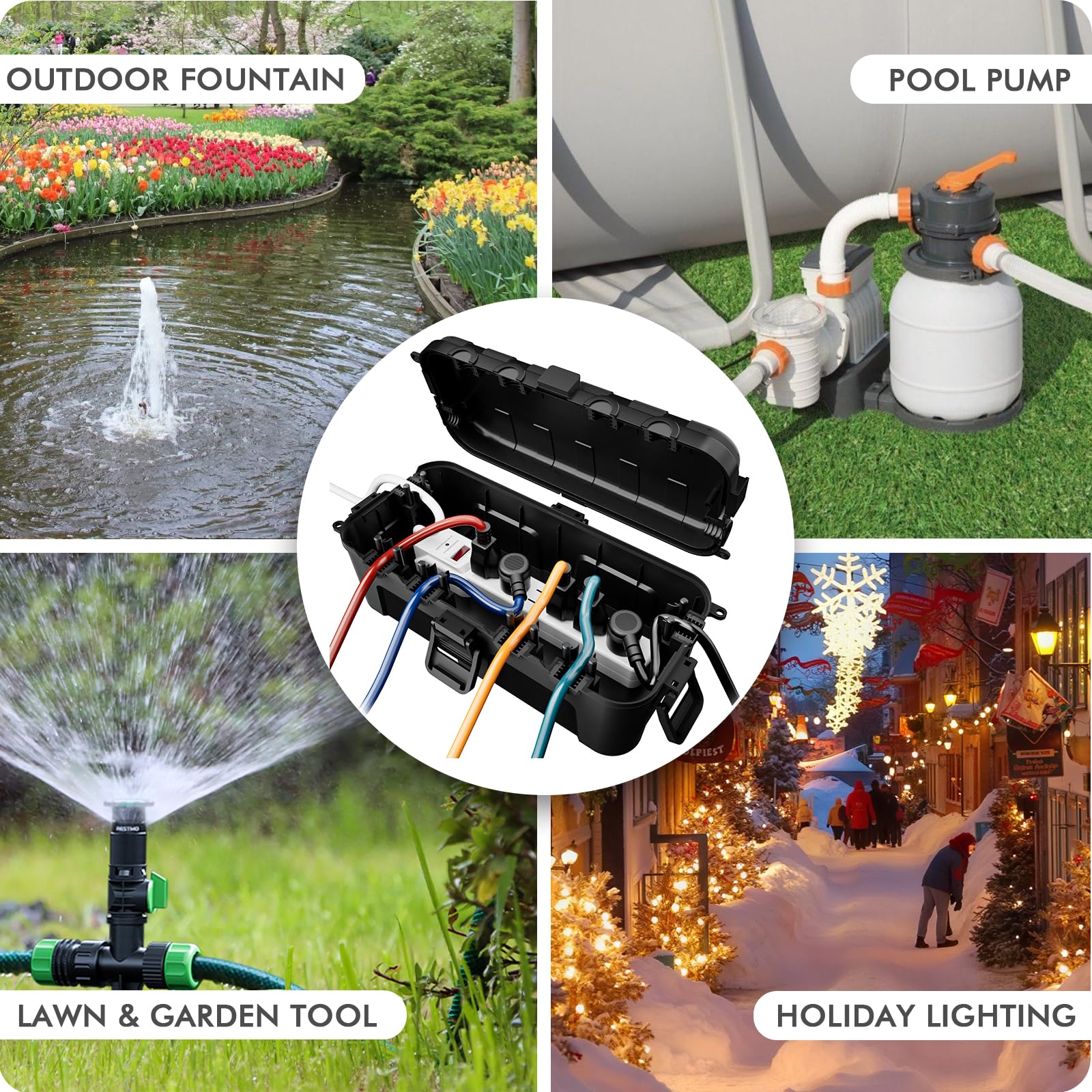 RESTMO Outdoor Electrical Box, IP54 Weatherproof Extension Cord Cover with 6 Cable Entry Ports, Waterproof Connection Box Protect Power Strip, Timer, Plug, Holiday Lights, (11.5x5.2x4 inch), Black 1 Pack - Image 8
