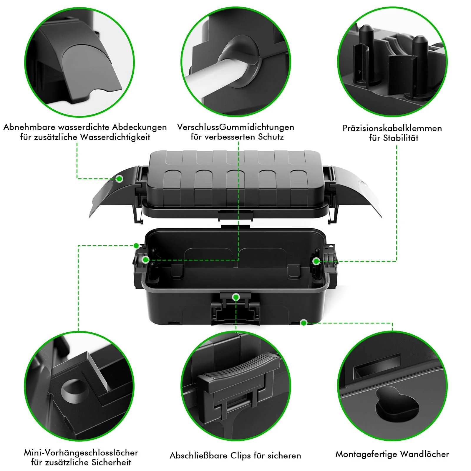 RESTMO Outdoor IP55 Waterproof Cable Box with Removable Shield Covers, Weatherproof Electric Box for Extension Cable, Garden Sockets, Christmas Decorations, Outdoor Timer, Black 1 Stück - Image 5