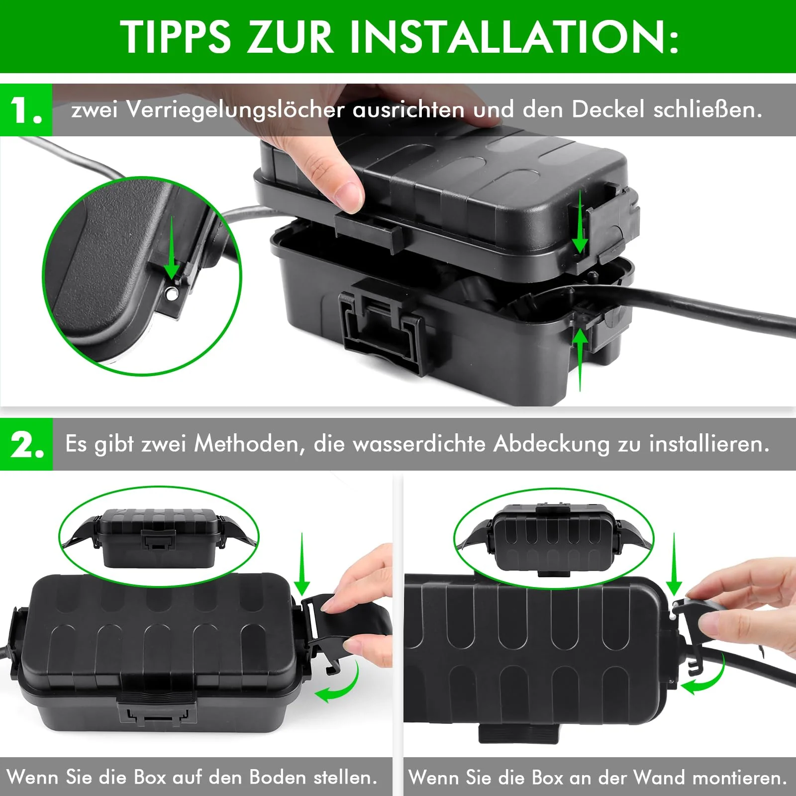 RESTMO Outdoor IP55 Waterproof Cable Box with Removable Shield Covers, Weatherproof Electric Box for Extension Cable, Garden Sockets, Christmas Decorations, Outdoor Timer, Black 1 Stück - Image 7
