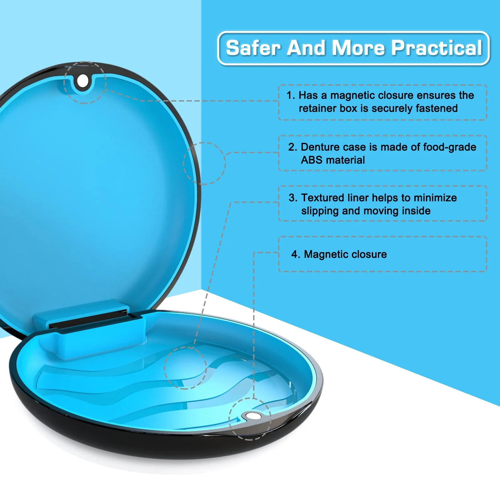 Retainer Case Orthodontic Dental Case: BVN Slim Braces Case, Mouth Guard Case, Denture Case, Teeth Aligner Case, Night Guard Case Container Storage Holder Black. Circular case Black Shell+blue Silicone Pad - Image 3