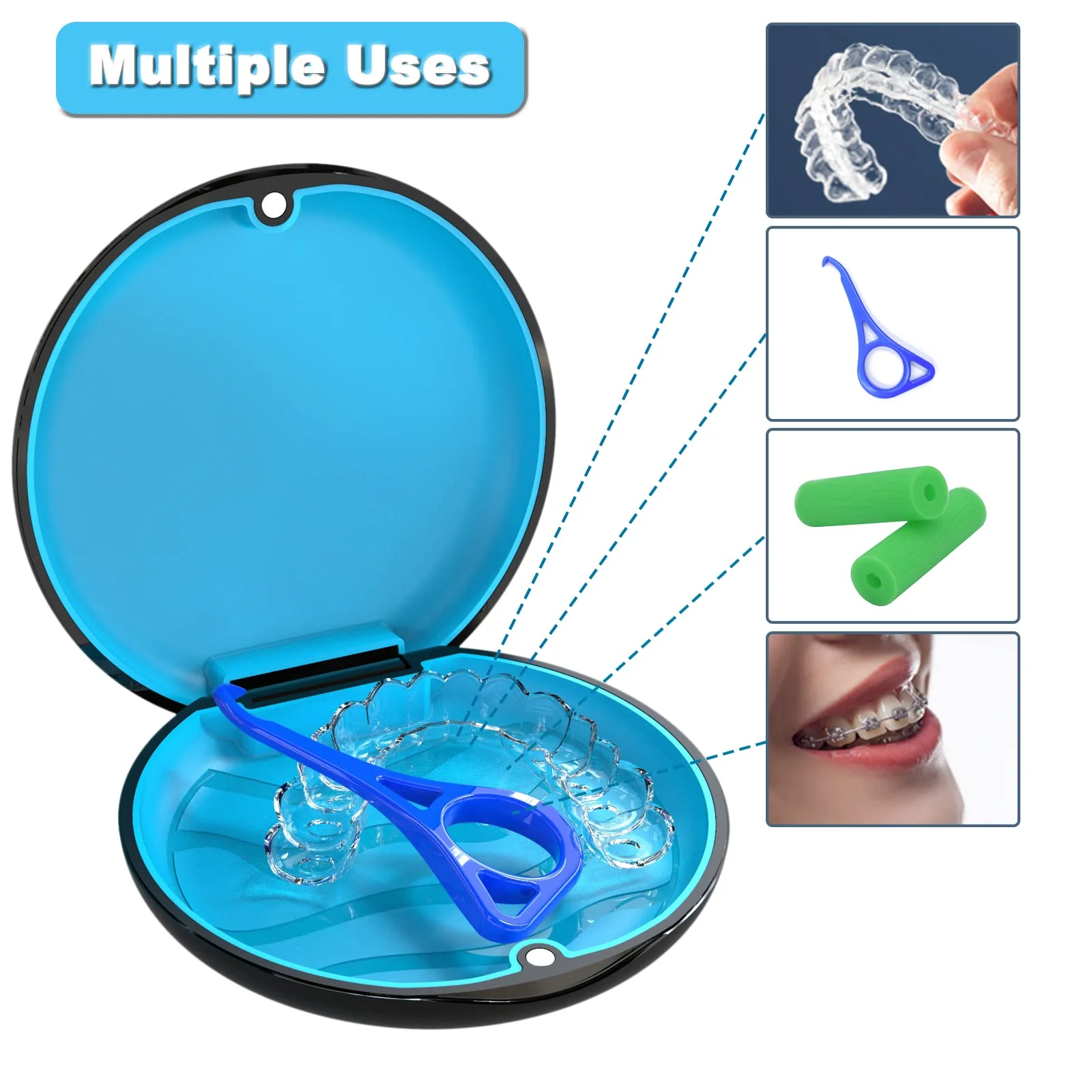 Retainer Case Orthodontic Dental Case: BVN Slim Braces Case, Mouth Guard Case, Denture Case, Teeth Aligner Case, Night Guard Case Container Storage Holder Black. Circular case Black Shell+blue Silicone Pad - Image 6