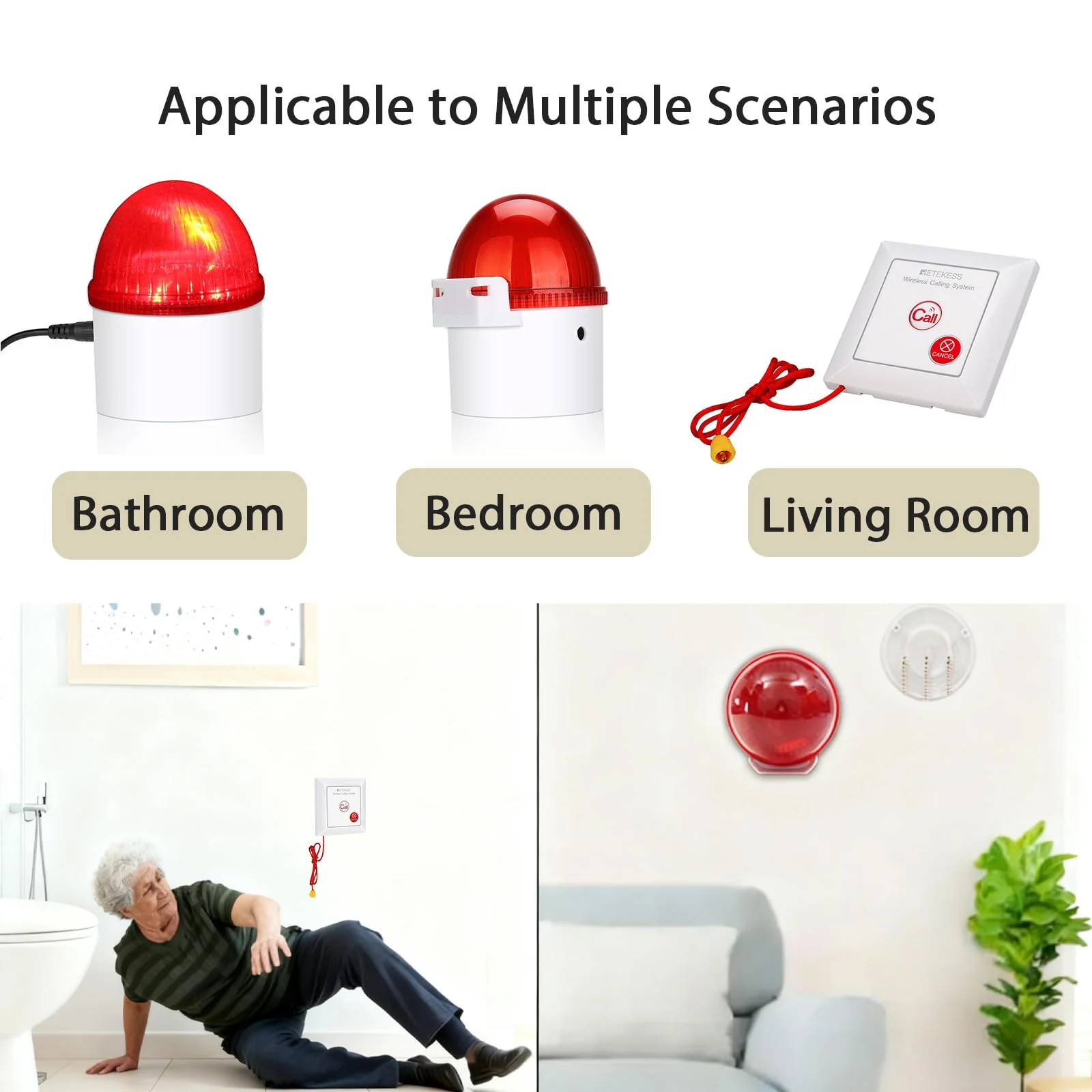 Retekess TH103 Caregiver Pager System,Wireless Strobe Siren,3-Level Volume Control,Pull Rope Waterproof Call Button for Home Safety,Seniors,Elderly 1 Call Button and 1 Receiver - Image 2