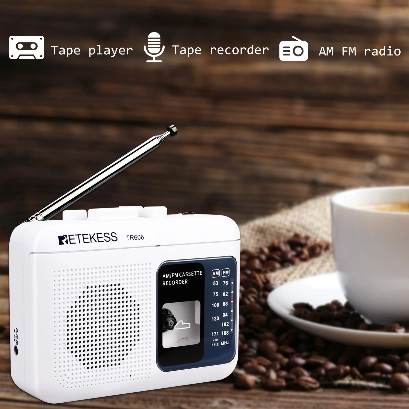 Retekess TR606 Portable Cassette Players Recorders, AM FM Radio Tape Player, Powered by DC or AA Battery with Recorder and AUX Input (White) - Image 2