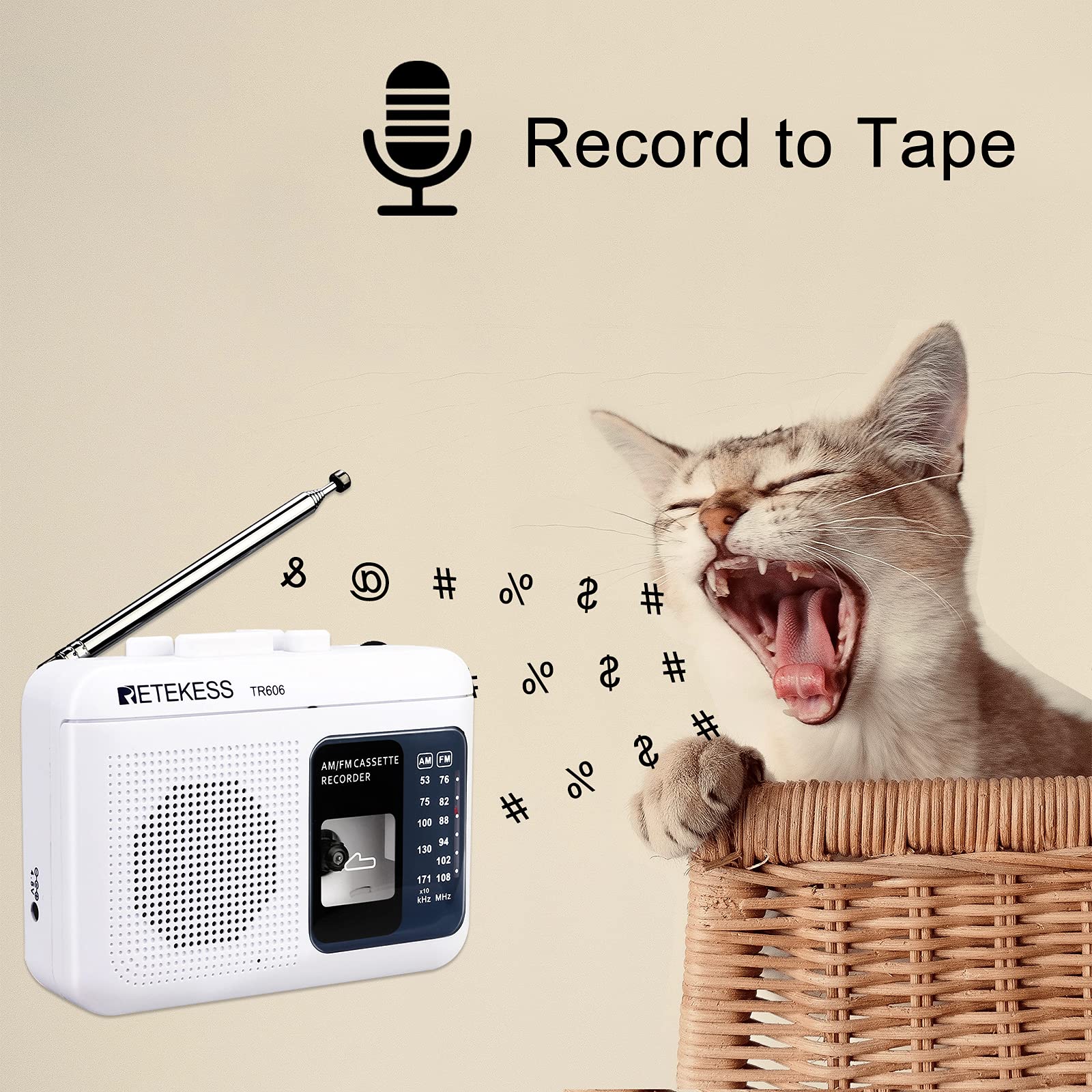 Retekess TR606 Portable Cassette Players Recorders, AM FM Radio Tape Player, Powered by DC or AA Battery with Recorder and AUX Input (White) - Image 3