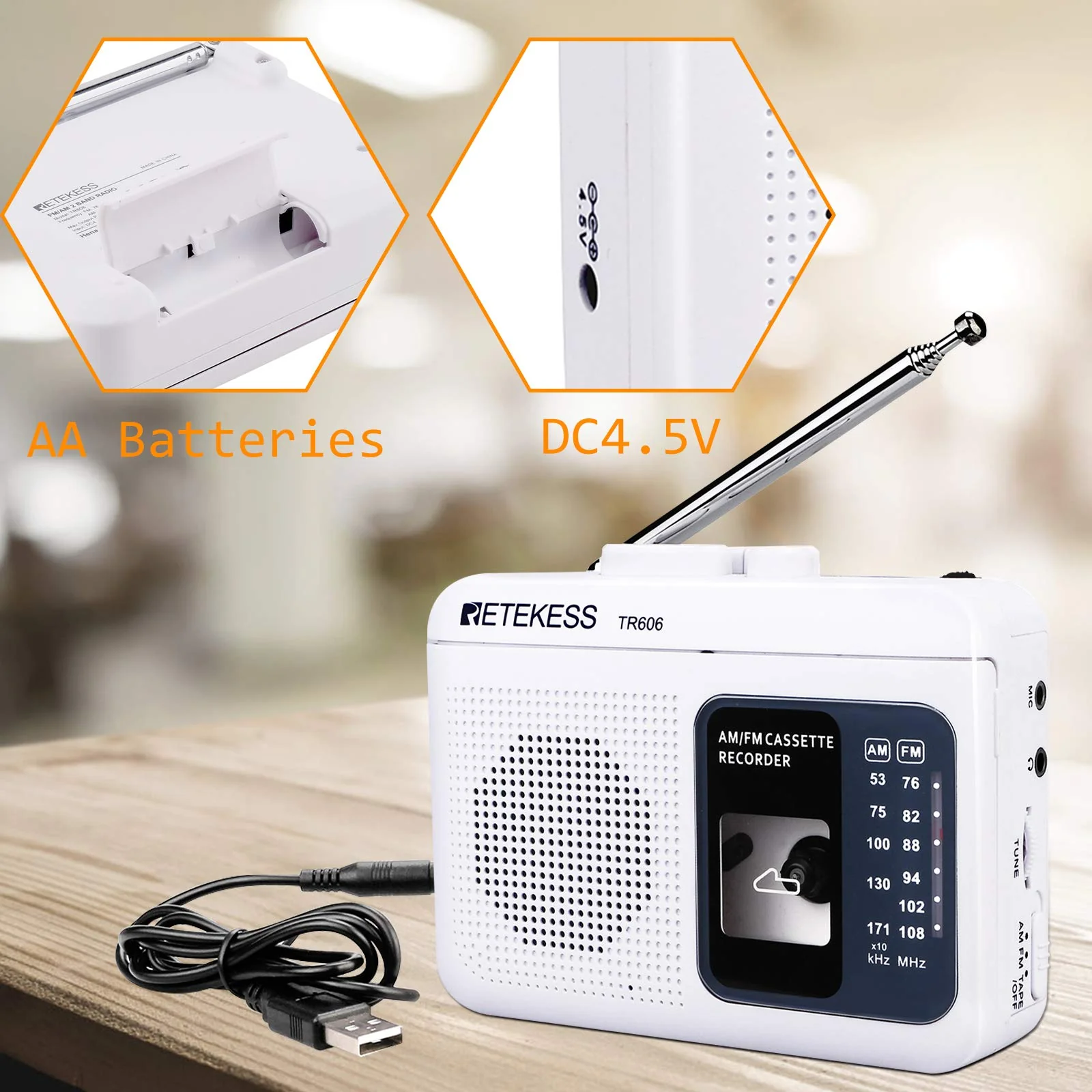 Retekess TR606 Portable Cassette Players Recorders, AM FM Radio Tape Player, Powered by DC or AA Battery with Recorder and AUX Input (White) - Image 5