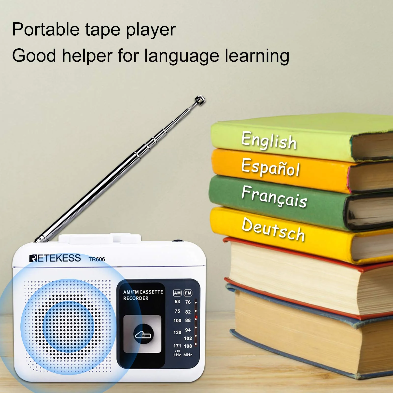 Retekess TR606 Portable Cassette Players Recorders, AM FM Radio Tape Player, Powered by DC or AA Battery with Recorder and AUX Input (White) - Image 7